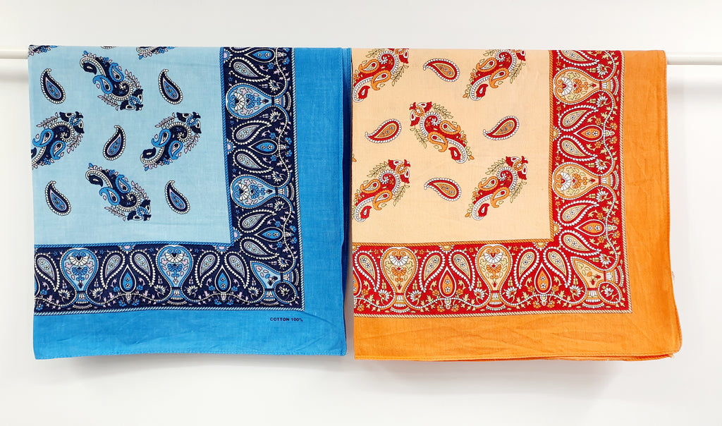 Paisley patterned cotton scarf, size 50x50cm, blue/orange