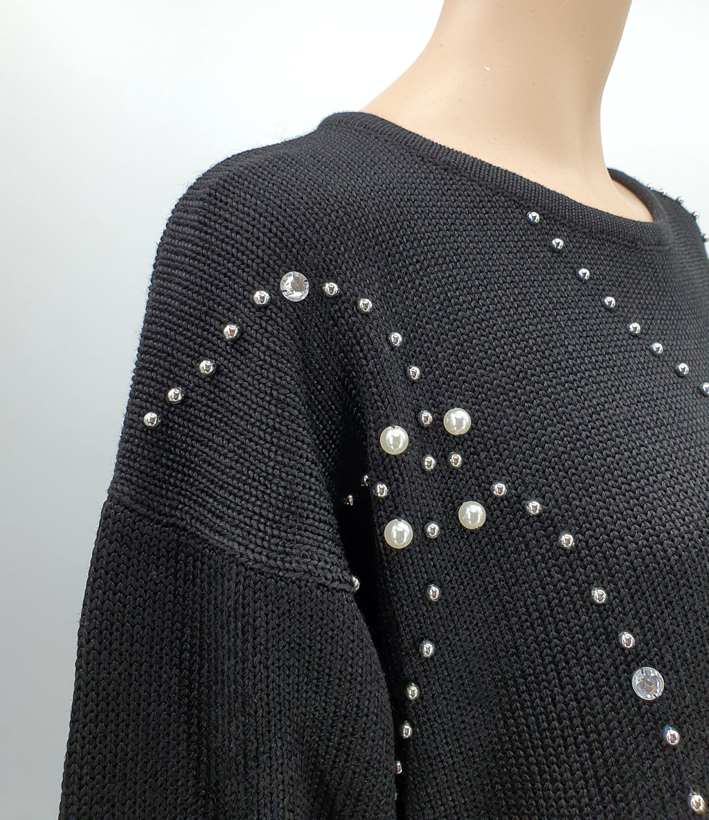 Pierre Cavallo musta neulepusero helmikoristeilla 90-luku koko 42-44 lähikuva neuleesta