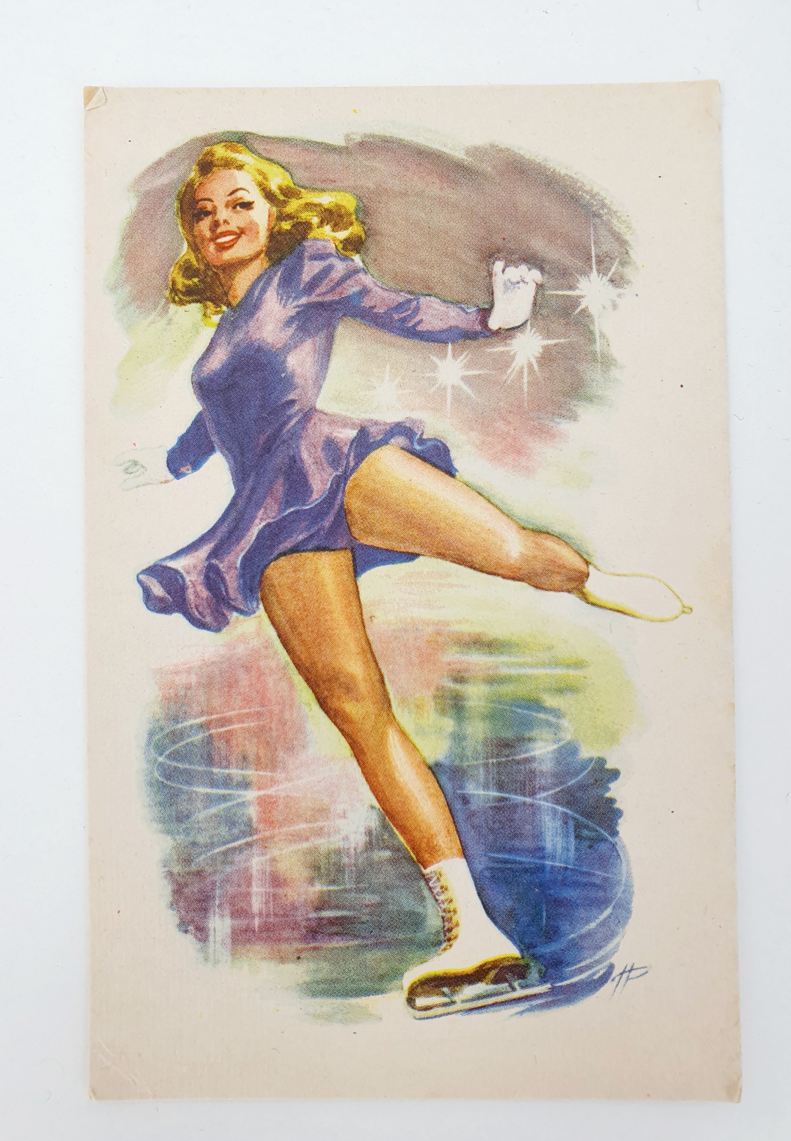 Unused winter hobby-themed postcard from the 1950s, figure skating/downhill skiing/snow games