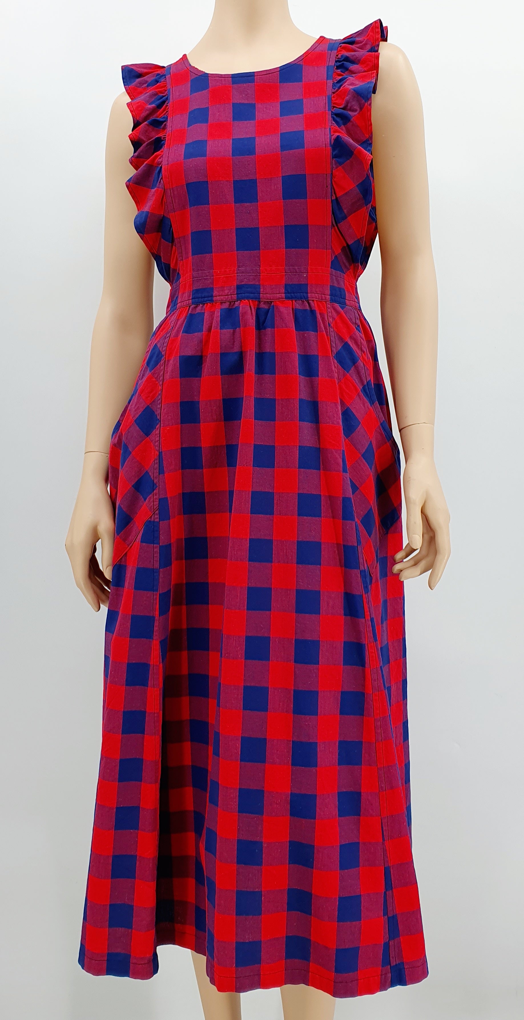 Apron dress, purple and red check pattern, size 34-36