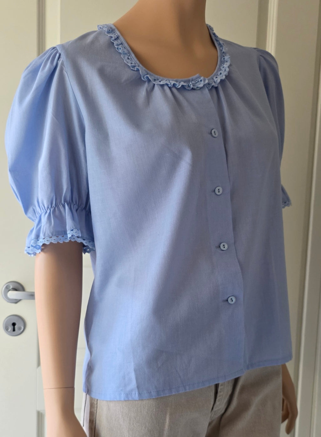 Angelika, light blue puff sleeve blouse from the 80s, size 38-40