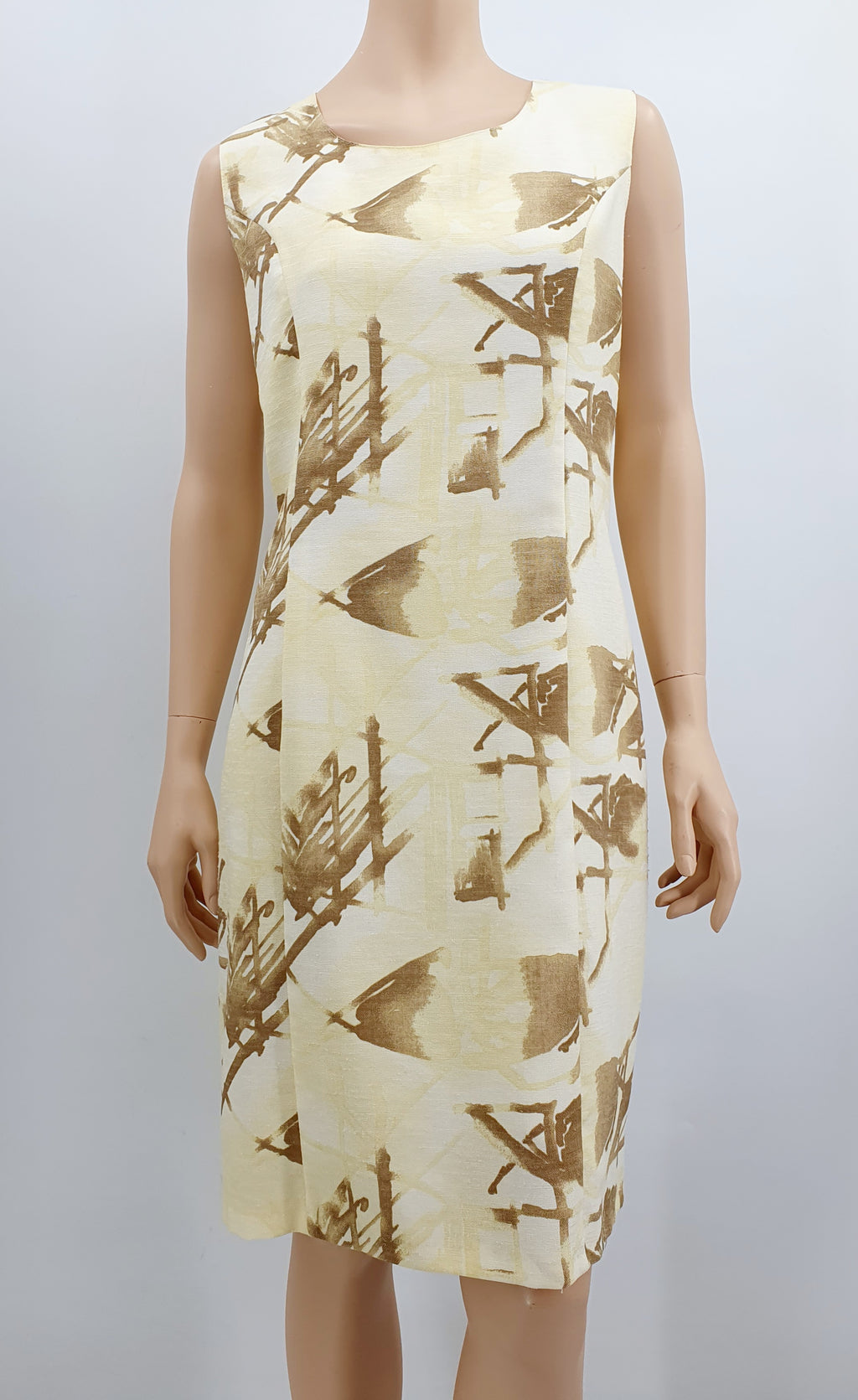 Hihaton kesämekko 90-luvulta, ruskea-vaaleankeltainen juhlamekko