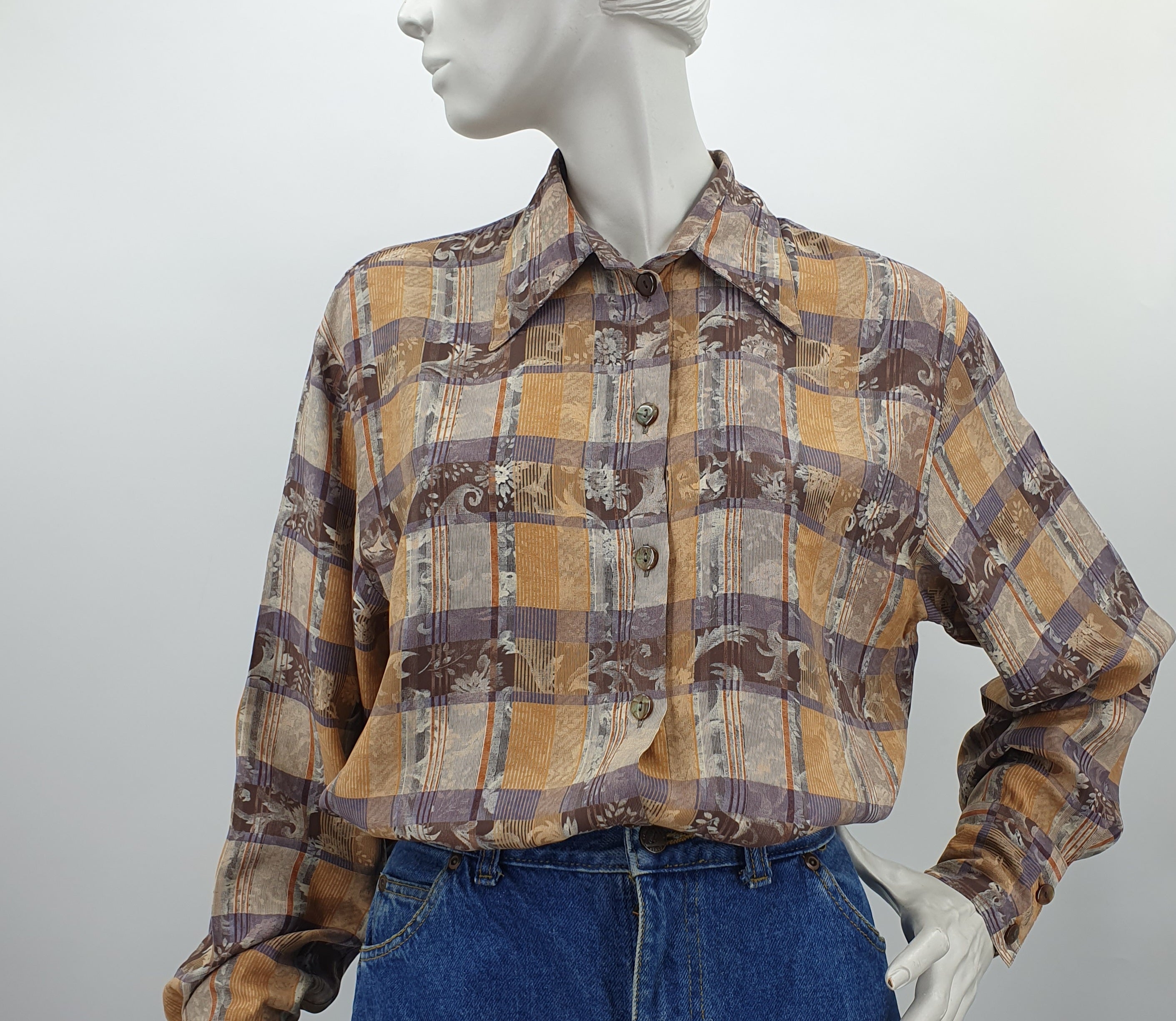 Beige-blue viscose shirt from the 90s, 38-40