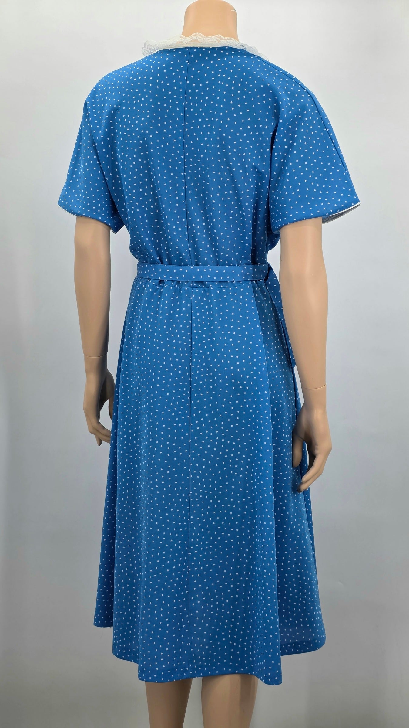 Blue and white polka dot dress with lace collar, from the 70s, size 40-42-44