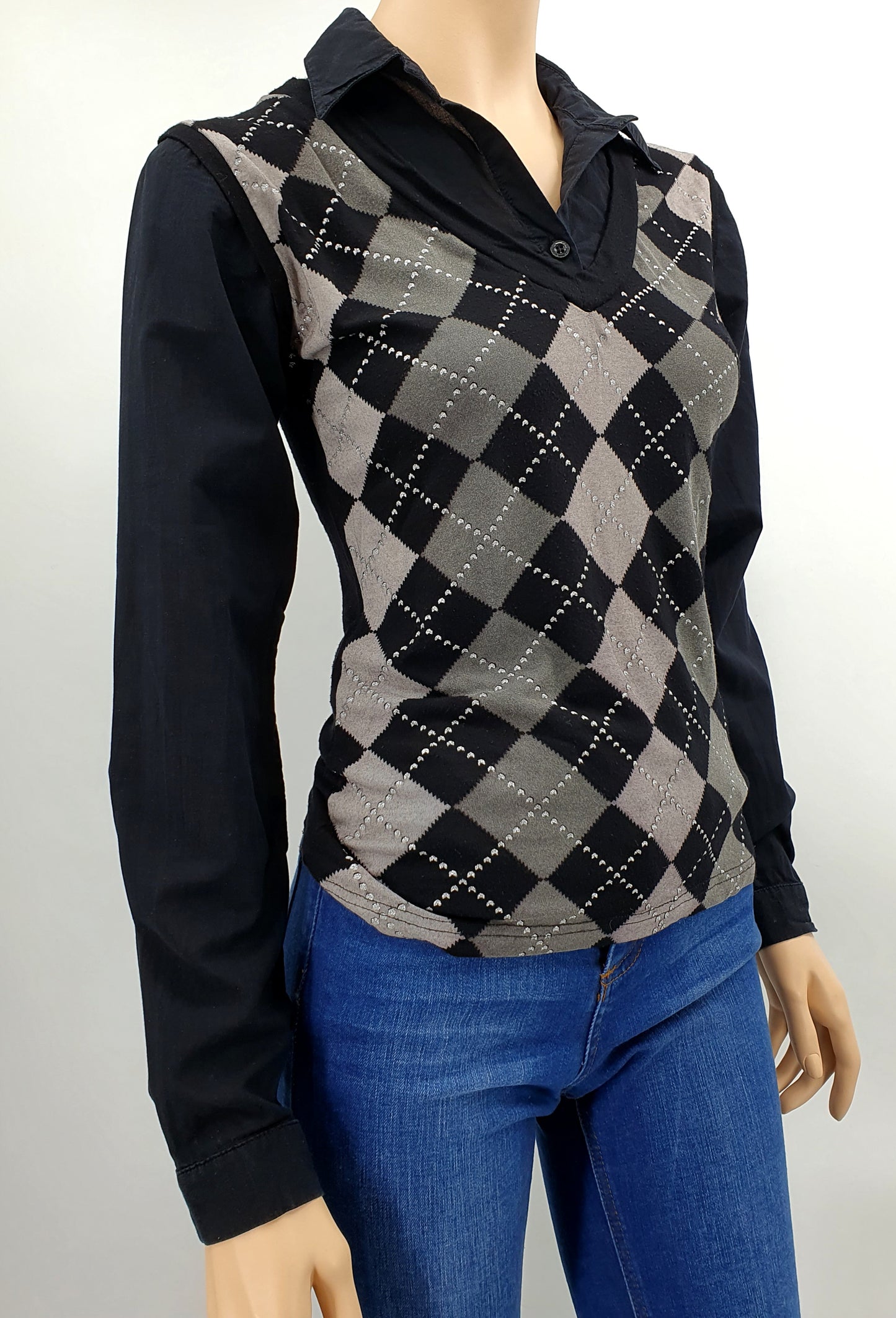 Madonna, Y2K black checkered jersey shirt, size 34-36