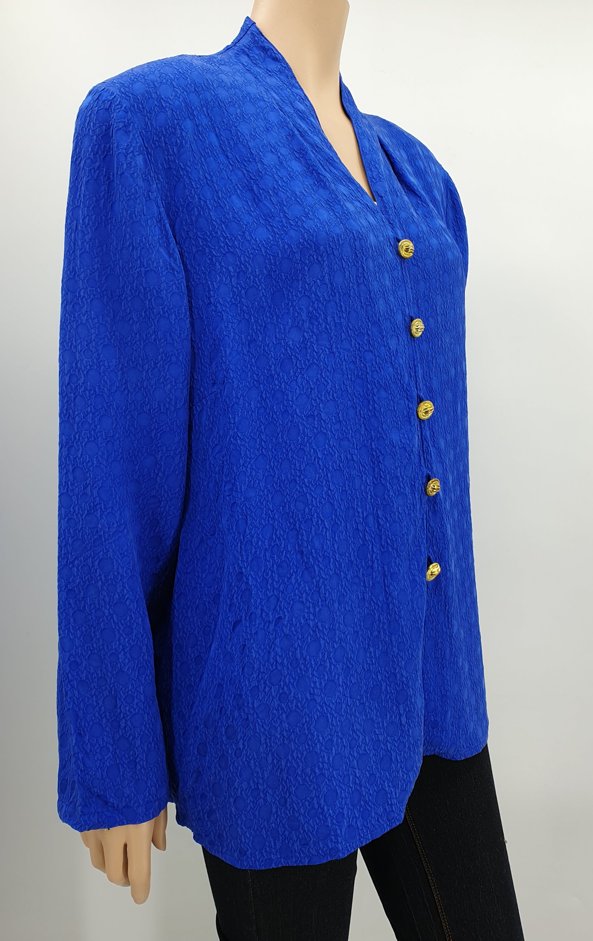 Amis, sähkönsininen silkki jakkupaita 90-luvulta, koko 46, kuva sivulta