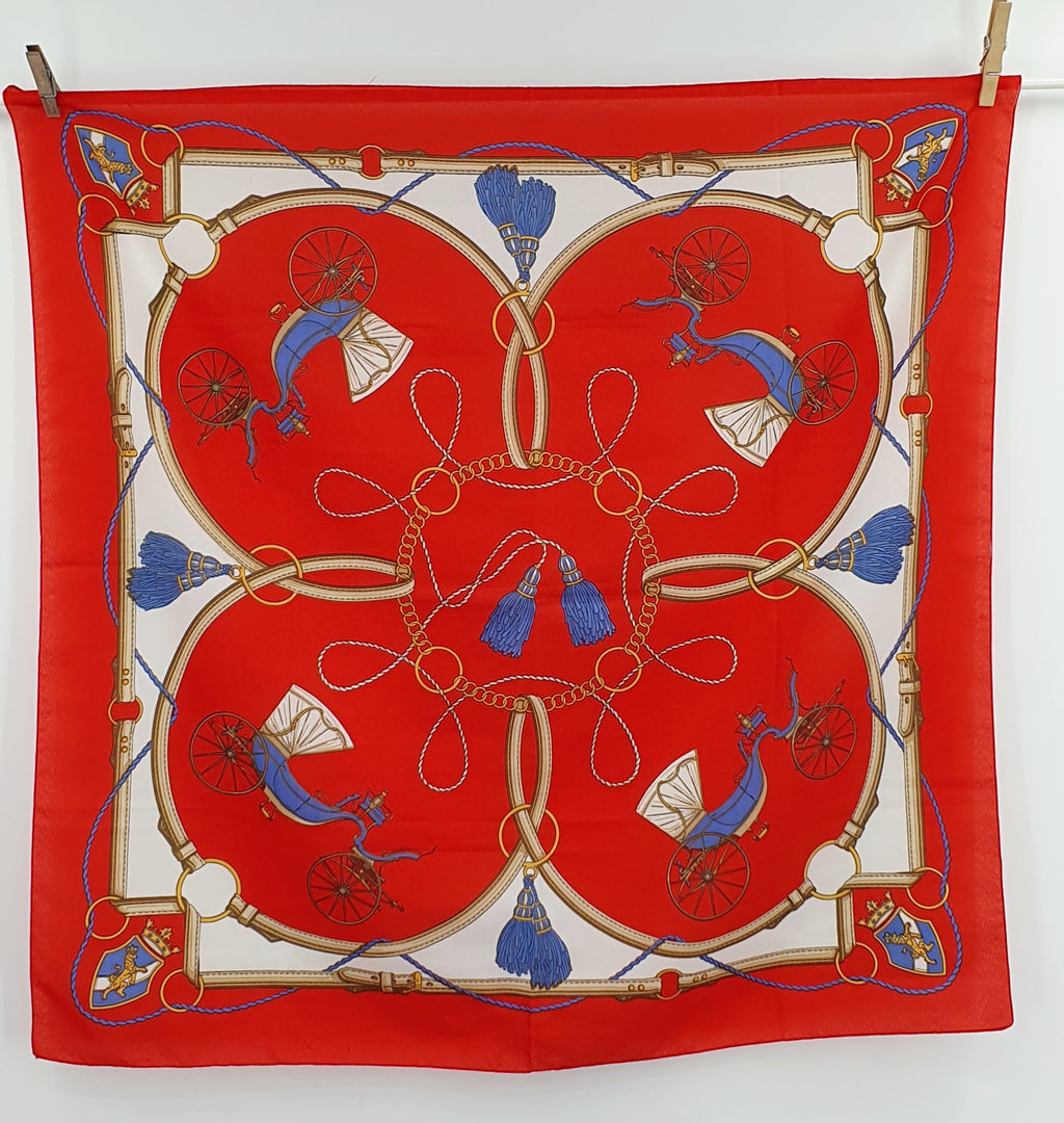 Red, horse-drawn carriage pattern scarf from the 90s, size 76x76cm