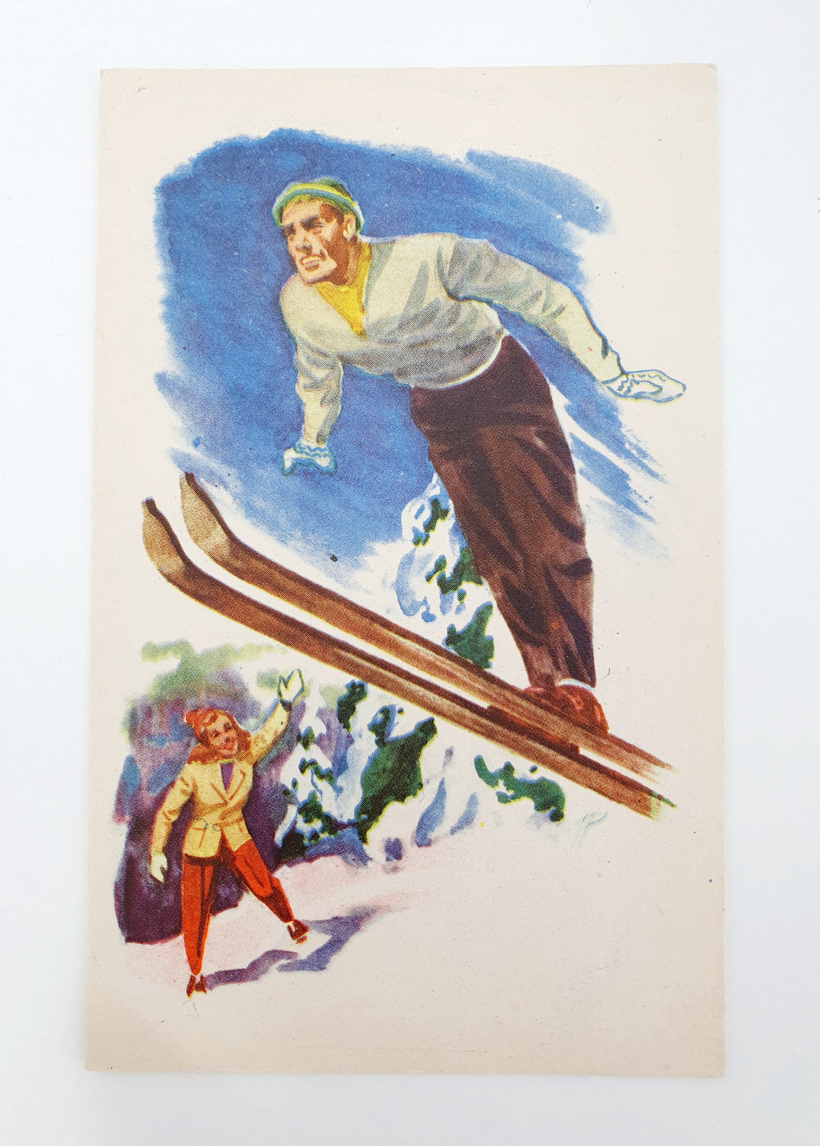 Unused winter sports-themed postcard from the 1950s, skiing/ski jumping