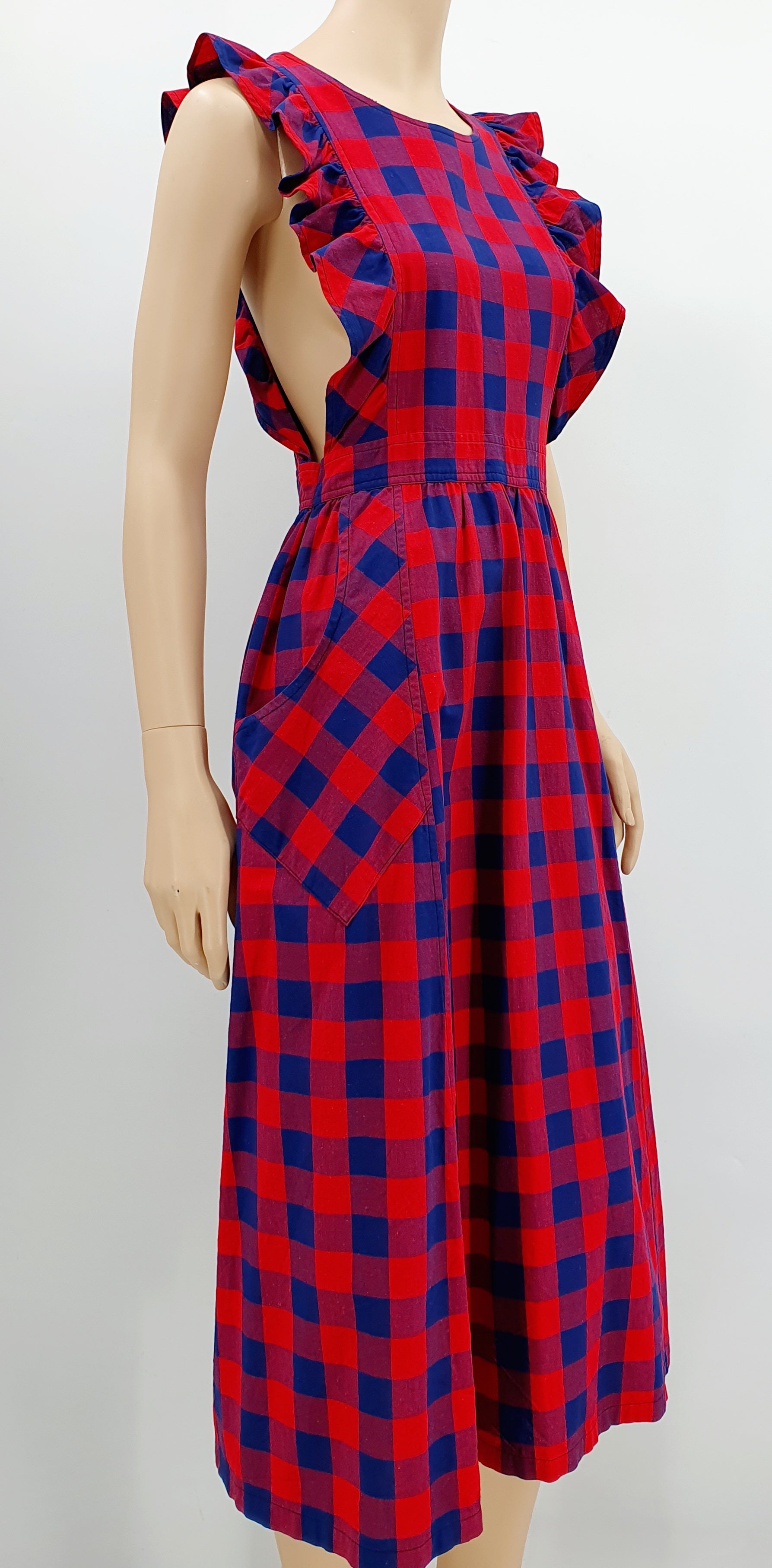 Apron dress, purple and red check pattern, size 34-36