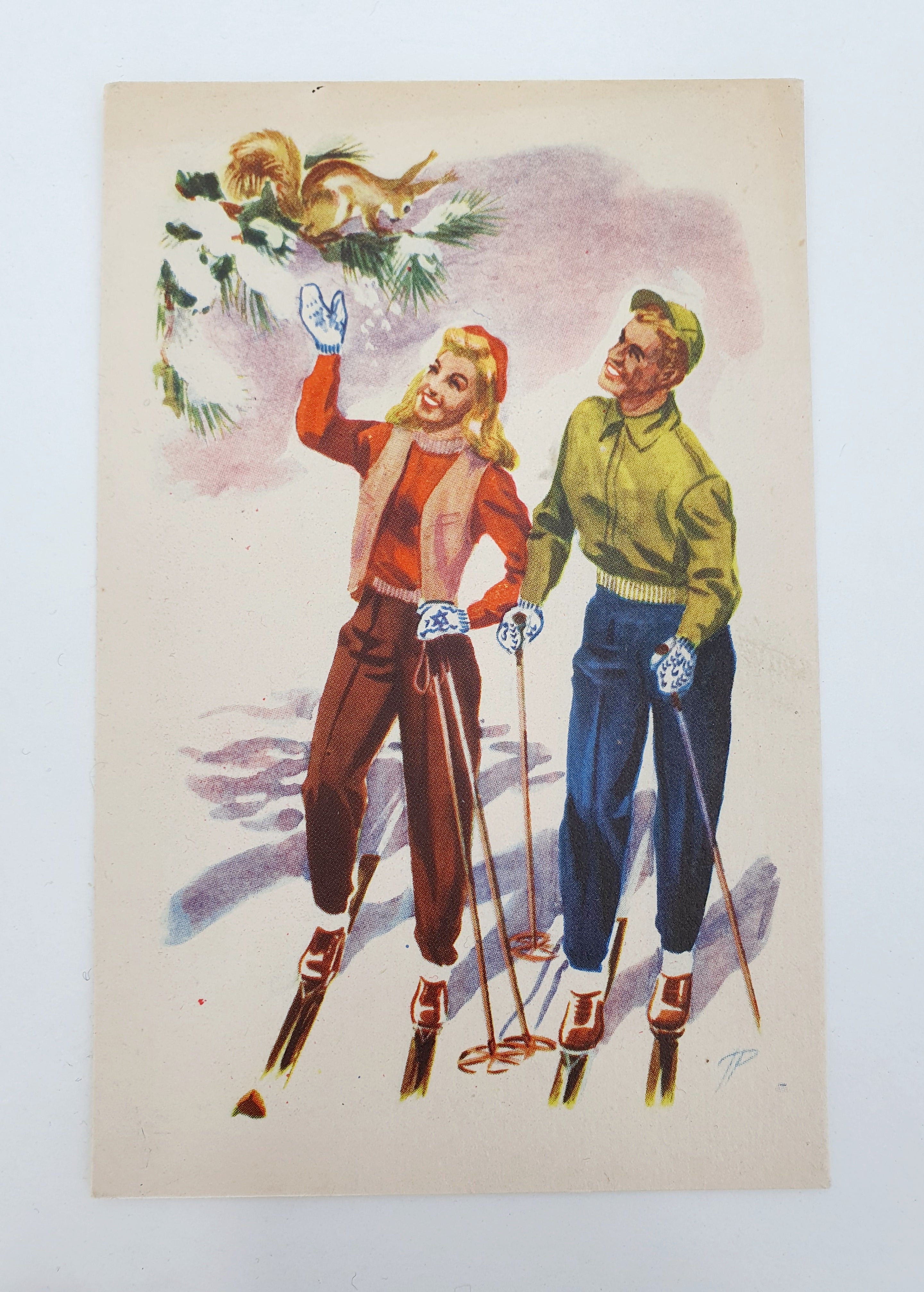Unused winter sports-themed postcard from the 1950s, skiing/ski jumping