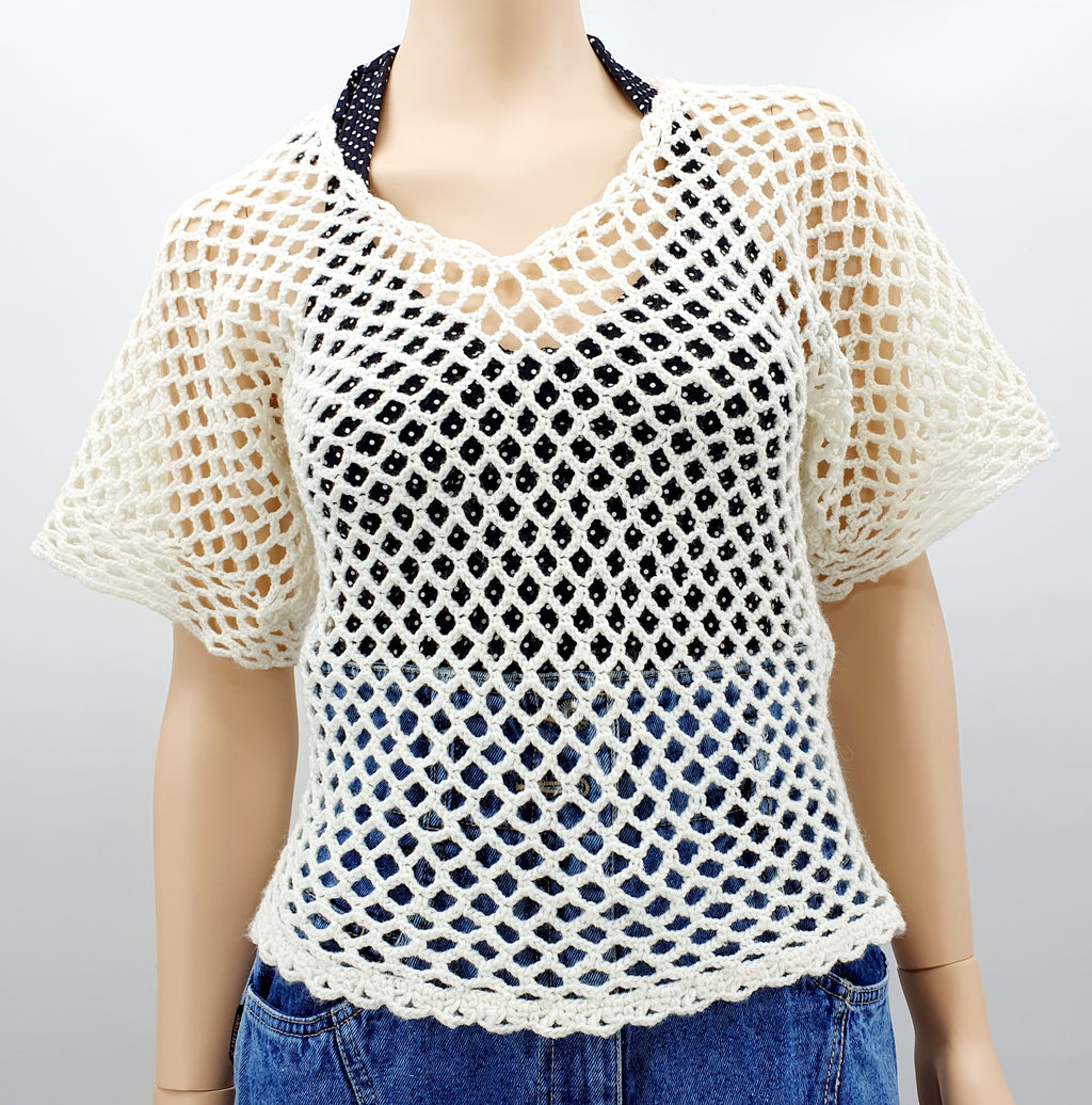 White crocheted sweater with mesh pattern, size 36