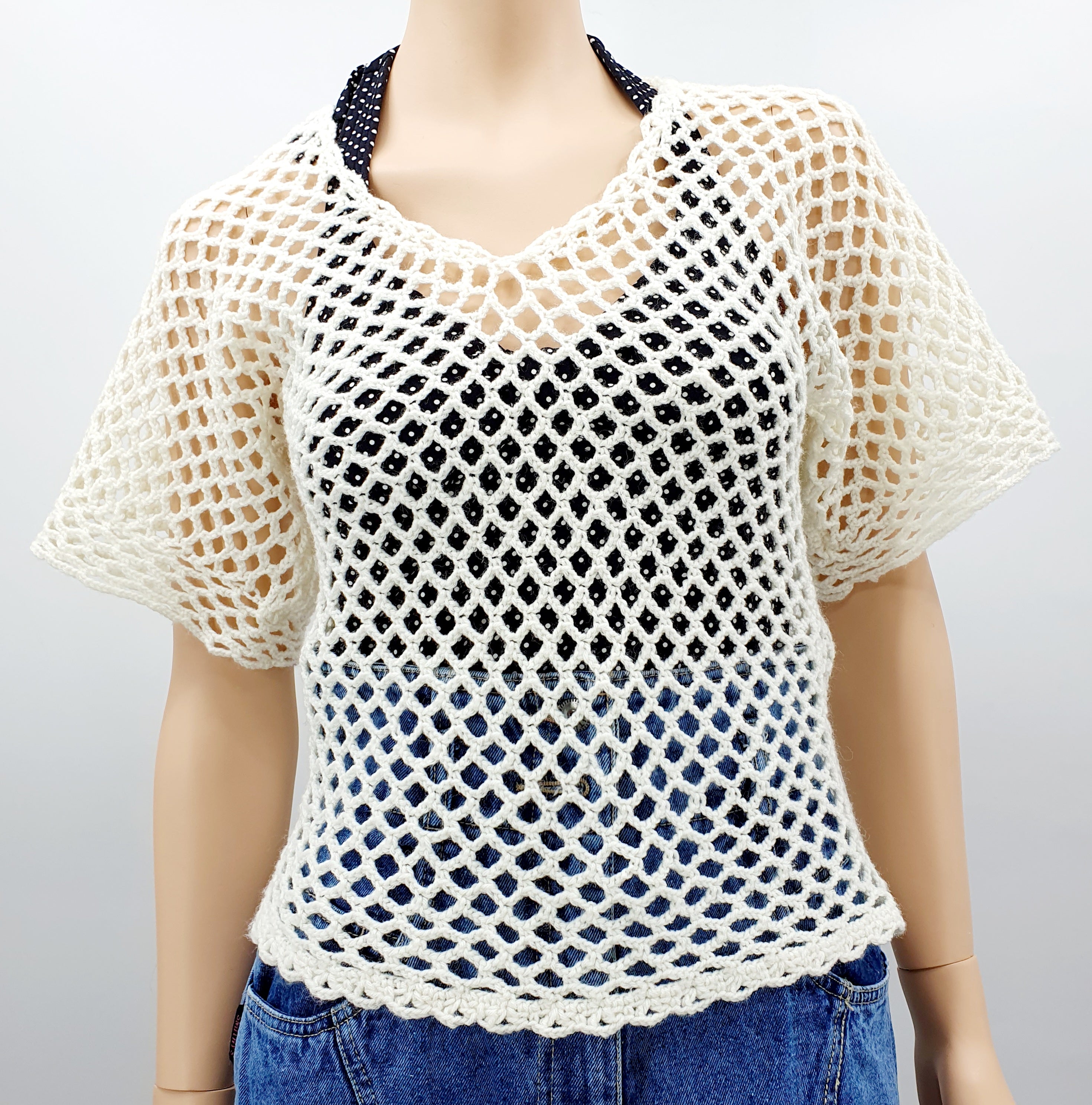 White crocheted sweater with mesh pattern, size 36