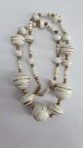 White 80s wooden beads with gold stripes, length 50cm