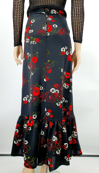 Black floral maxi skirt with frill hem, from the 70s, waist 68cm, size 34