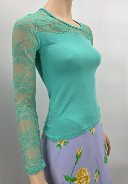Aqua green Y2K jersey shirt with lace sleeves, size 34-36