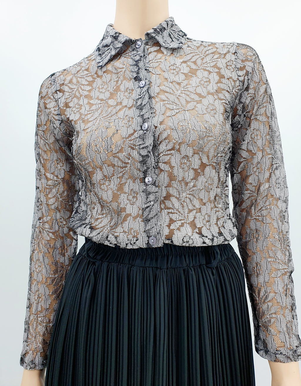 Mona Wear, silver-gray lace shirt, 80s-90s, size 36