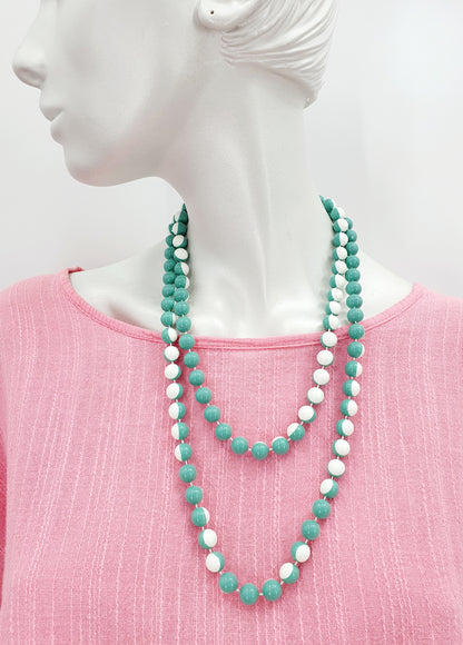 Turquoise/white long pearl necklace, length 116cm