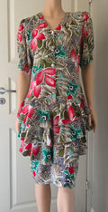 Savann, colorful viscose dress with dropped hem, from the 80s-90s, size 38