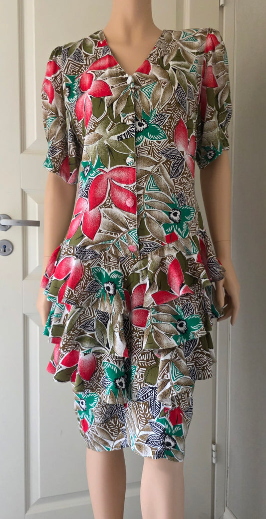 Savann, colorful viscose dress with dropped hem, from the 80s-90s, size 38