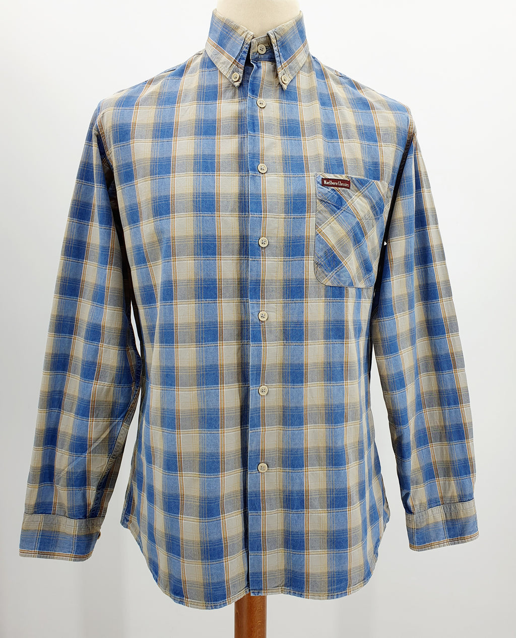 Marlboro Classics, puuvilla ruutupaita 90-luvulta, väritys khaki-sininen
