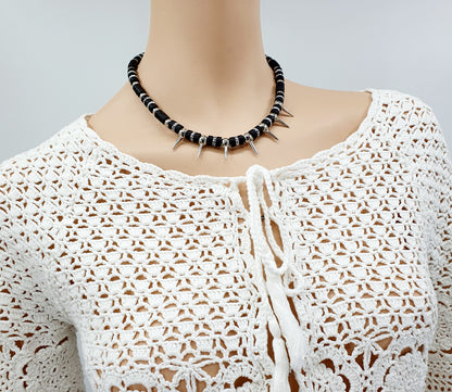 Black punk-style necklace with spikes, length 45cm