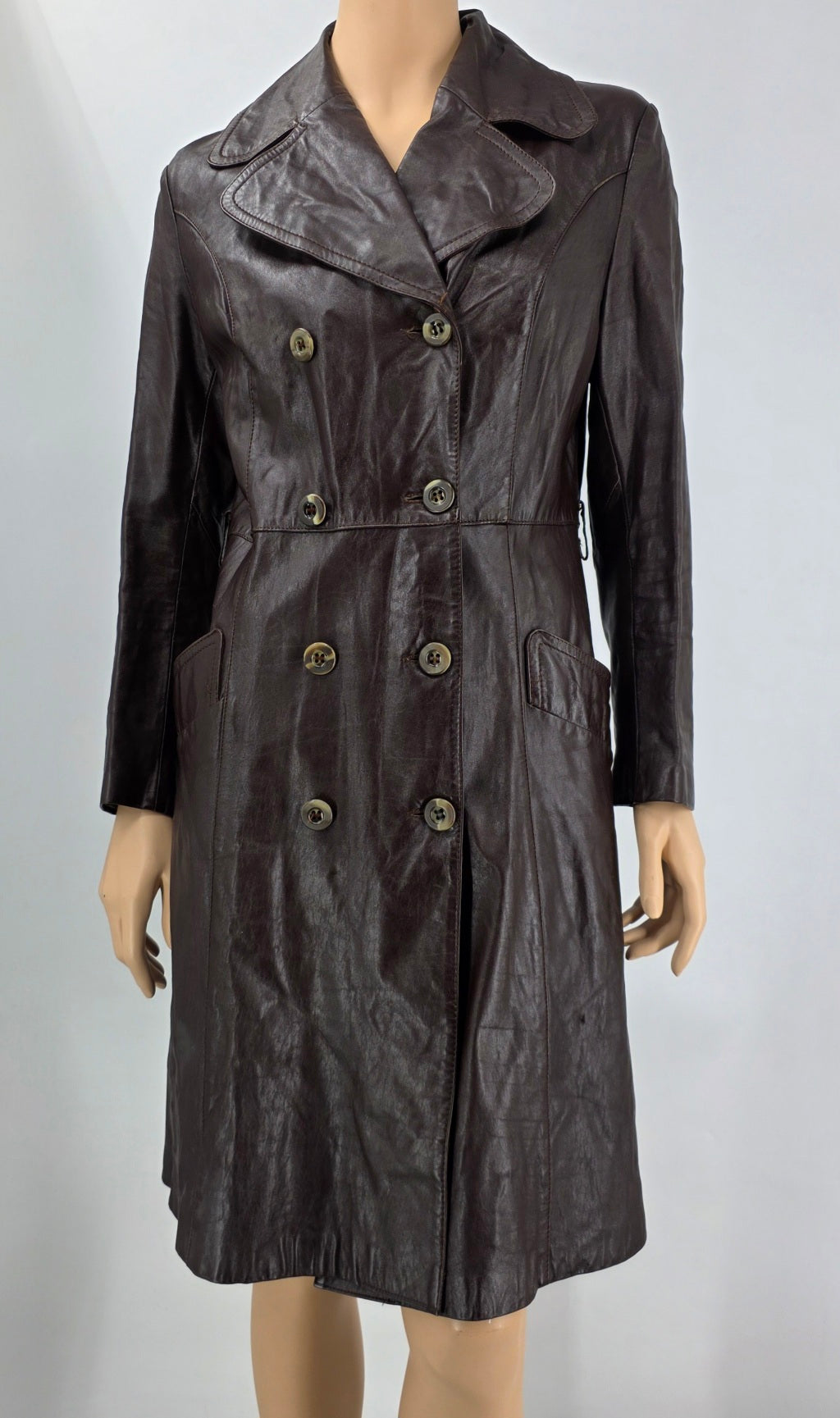 Finn Fant, dark brown long leather jacket from the 70s, size 36-38
