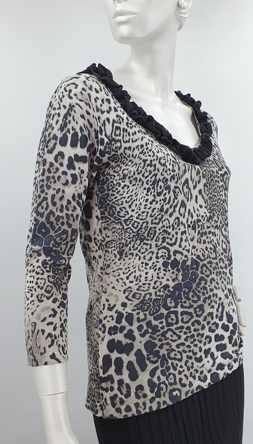 August Silk, black and gray panther print sweater, size 38/40