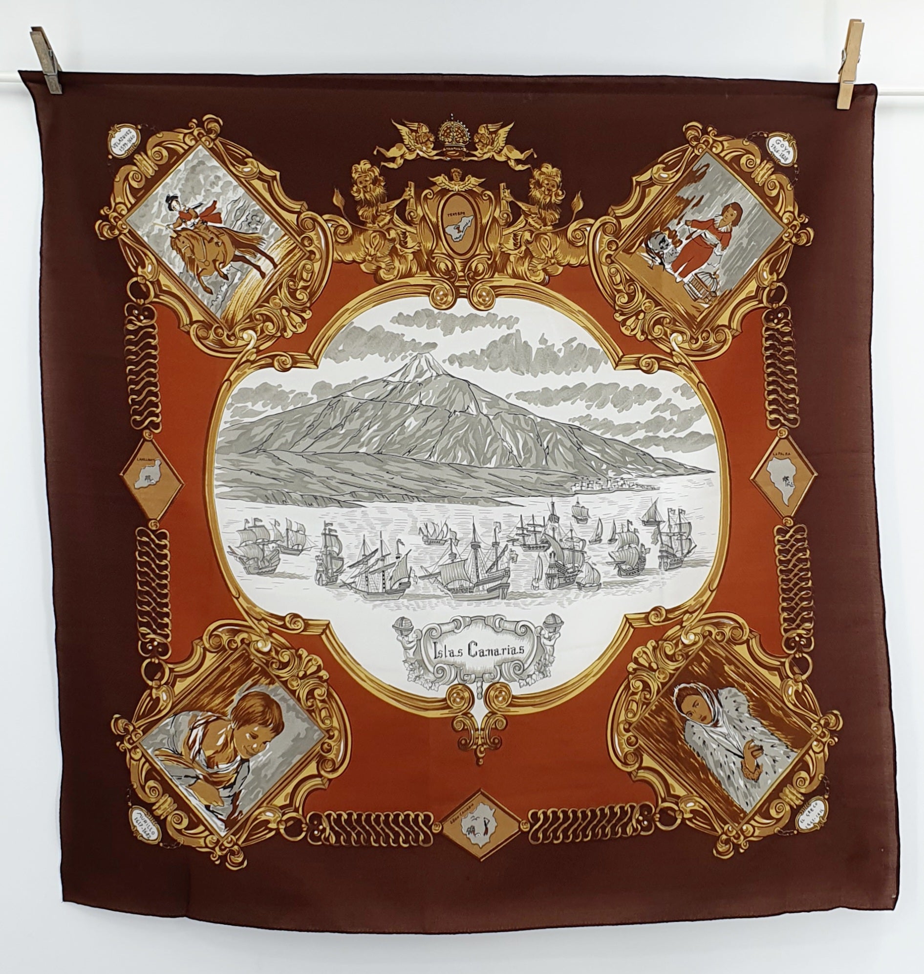Kanariansaaret-aiheinen huivi 80-90-luvulta, koko 77x77cm