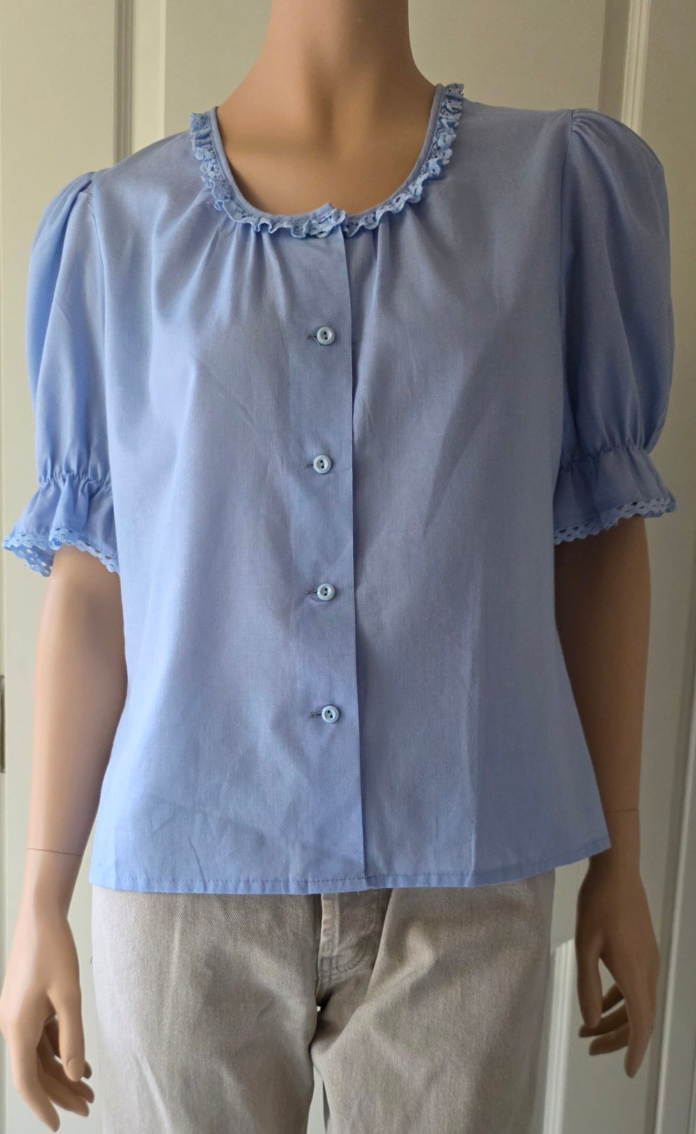 Angelika, light blue puff sleeve blouse from the 80s, size 38-40