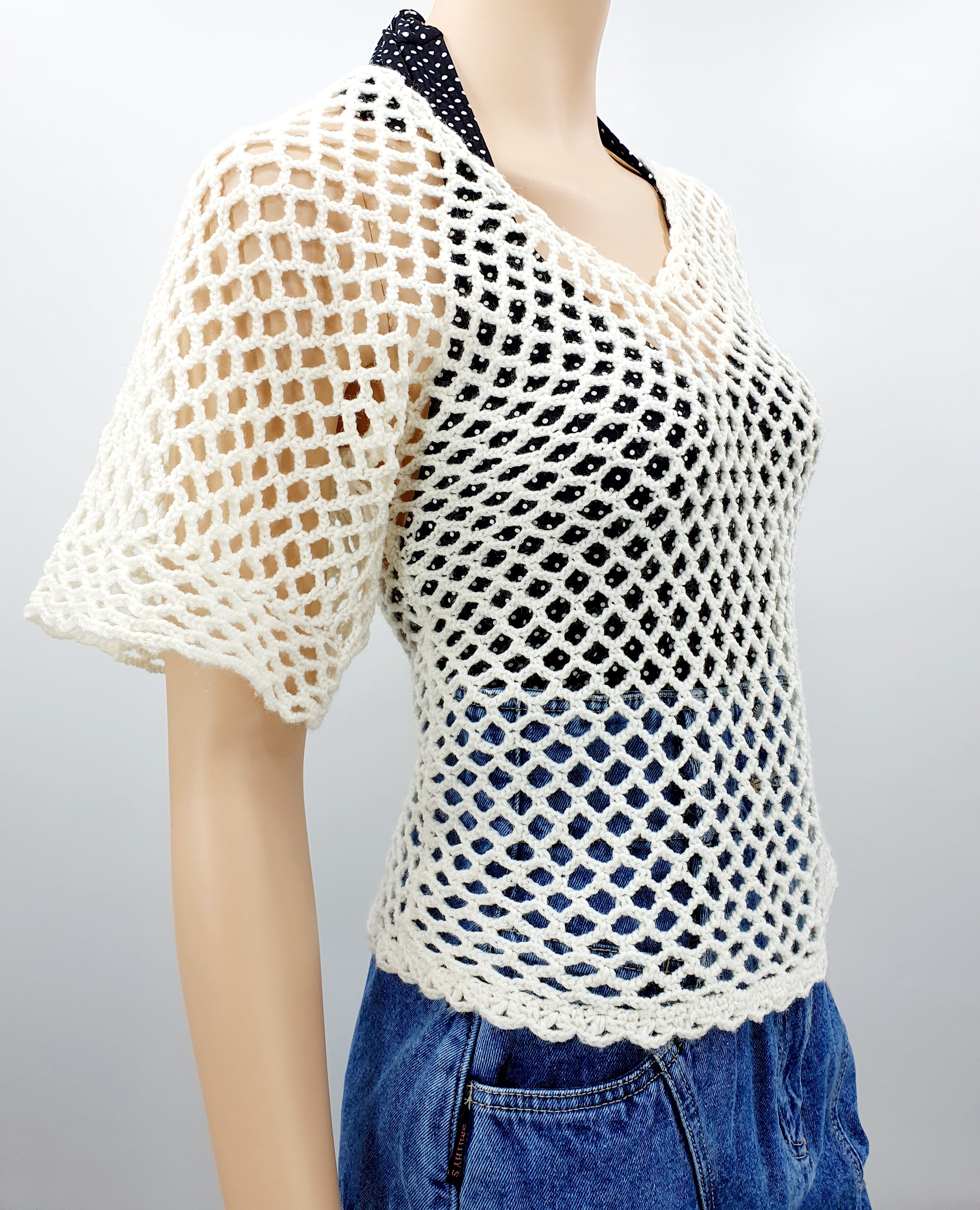 White crocheted sweater with mesh pattern, size 36