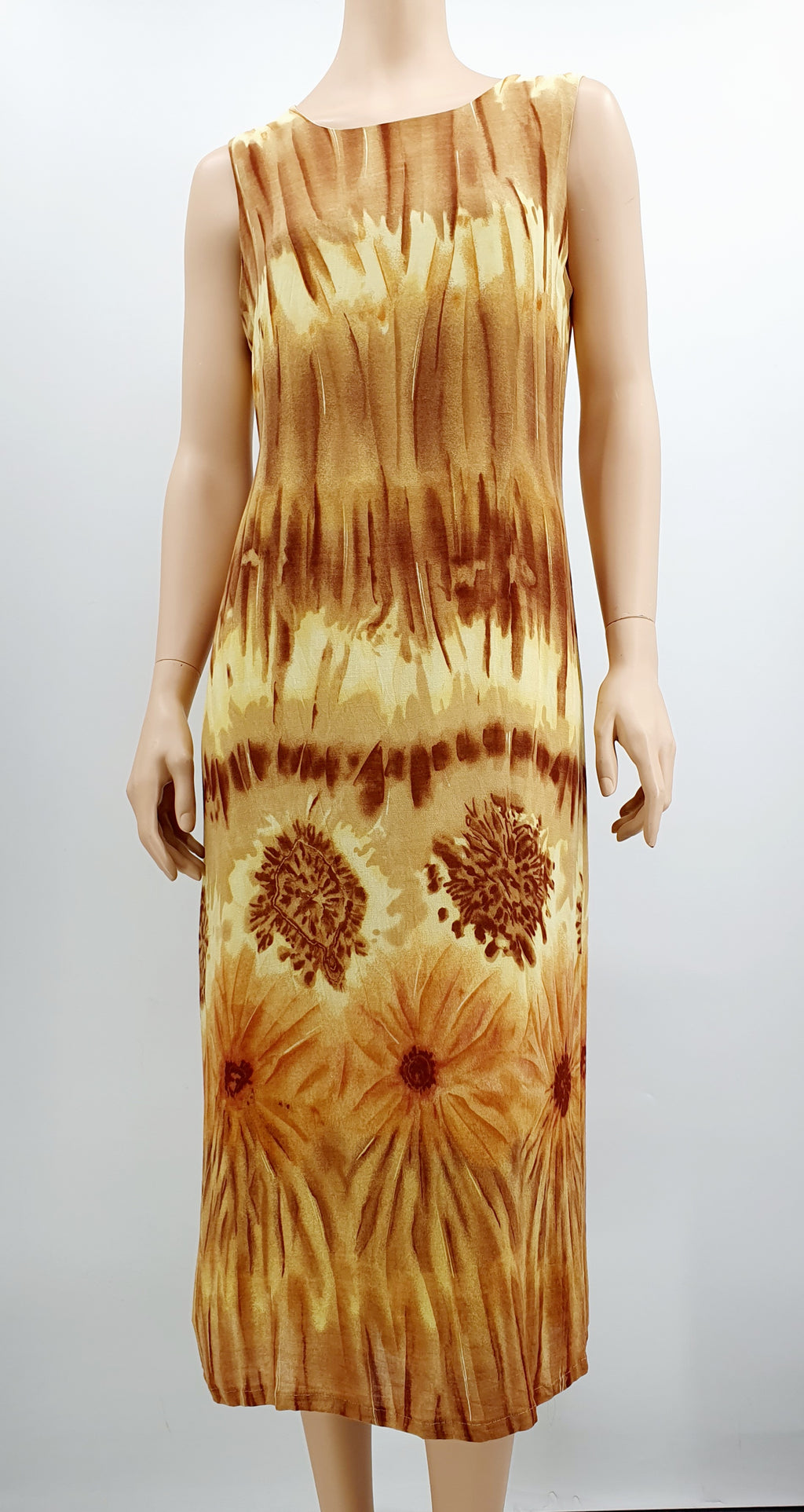 Hihaton kesämekko 90-luvulta, maximekko, ruskea-vaaleankeltainen