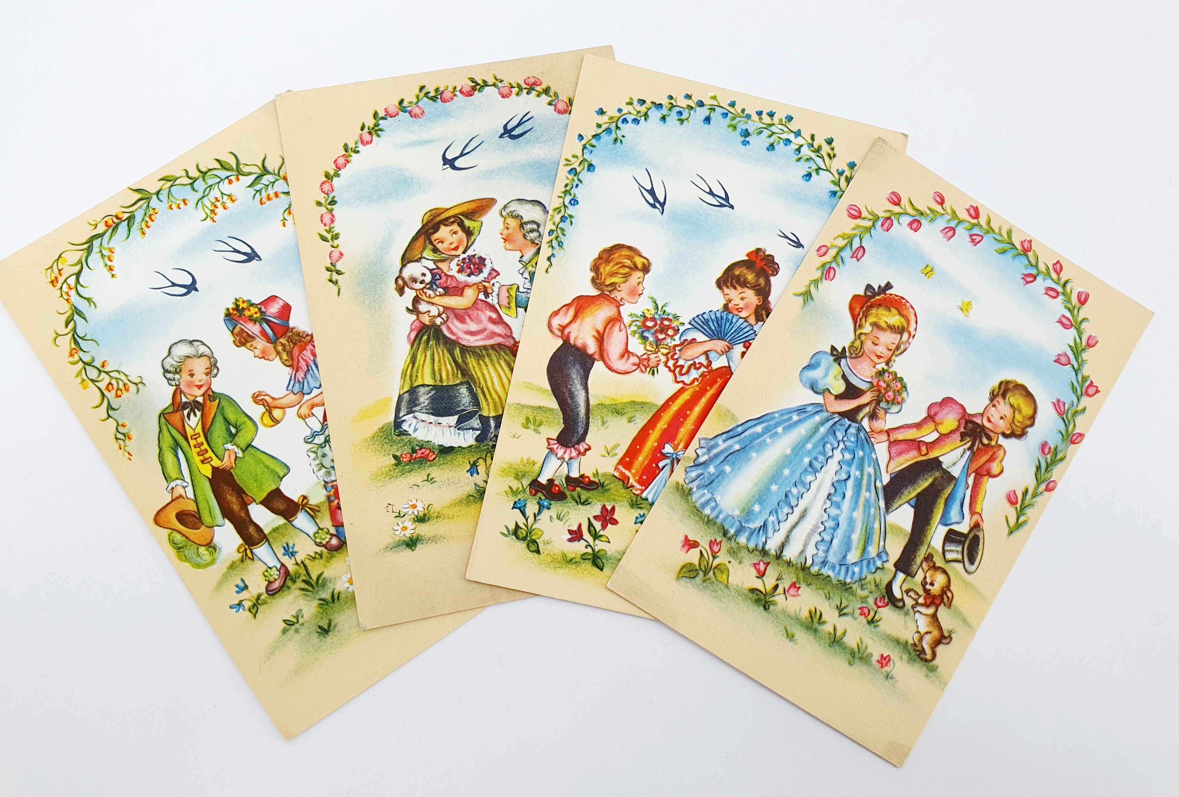 Unused postcard from the 50s, girl and boy, four different ones