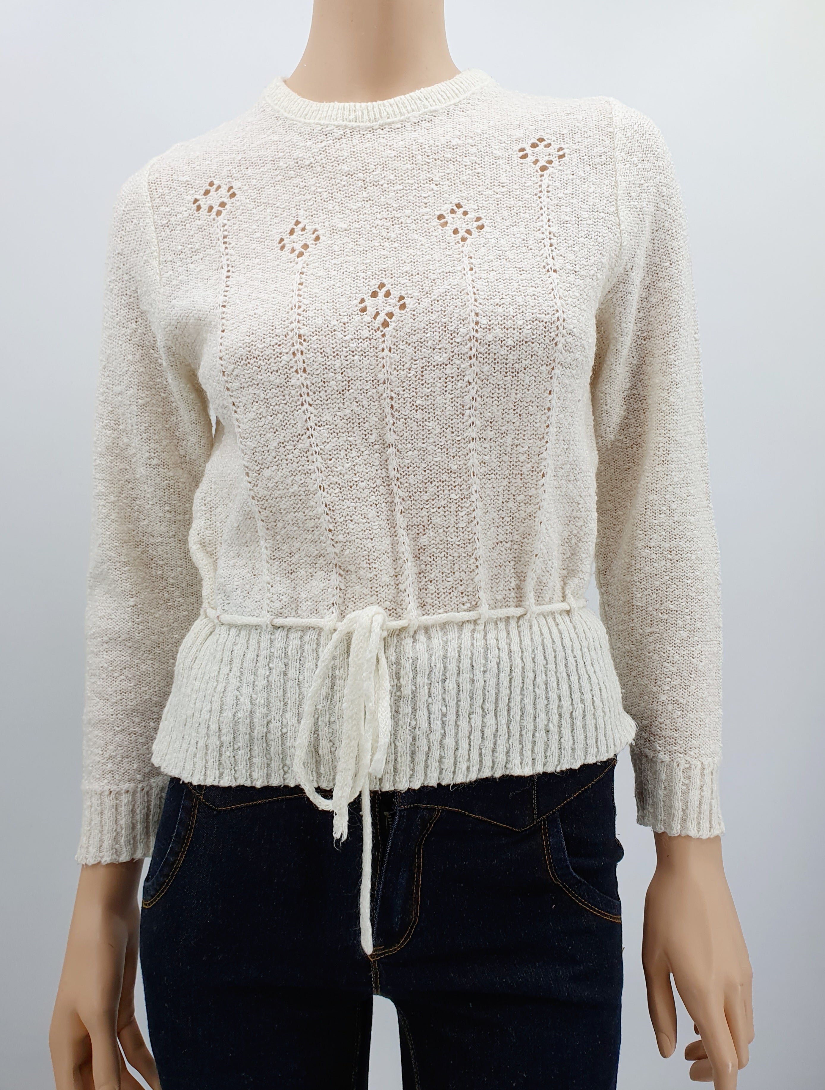 Luonnonvalkoinen lyhyt neulepusero 80-luvulta koko 36