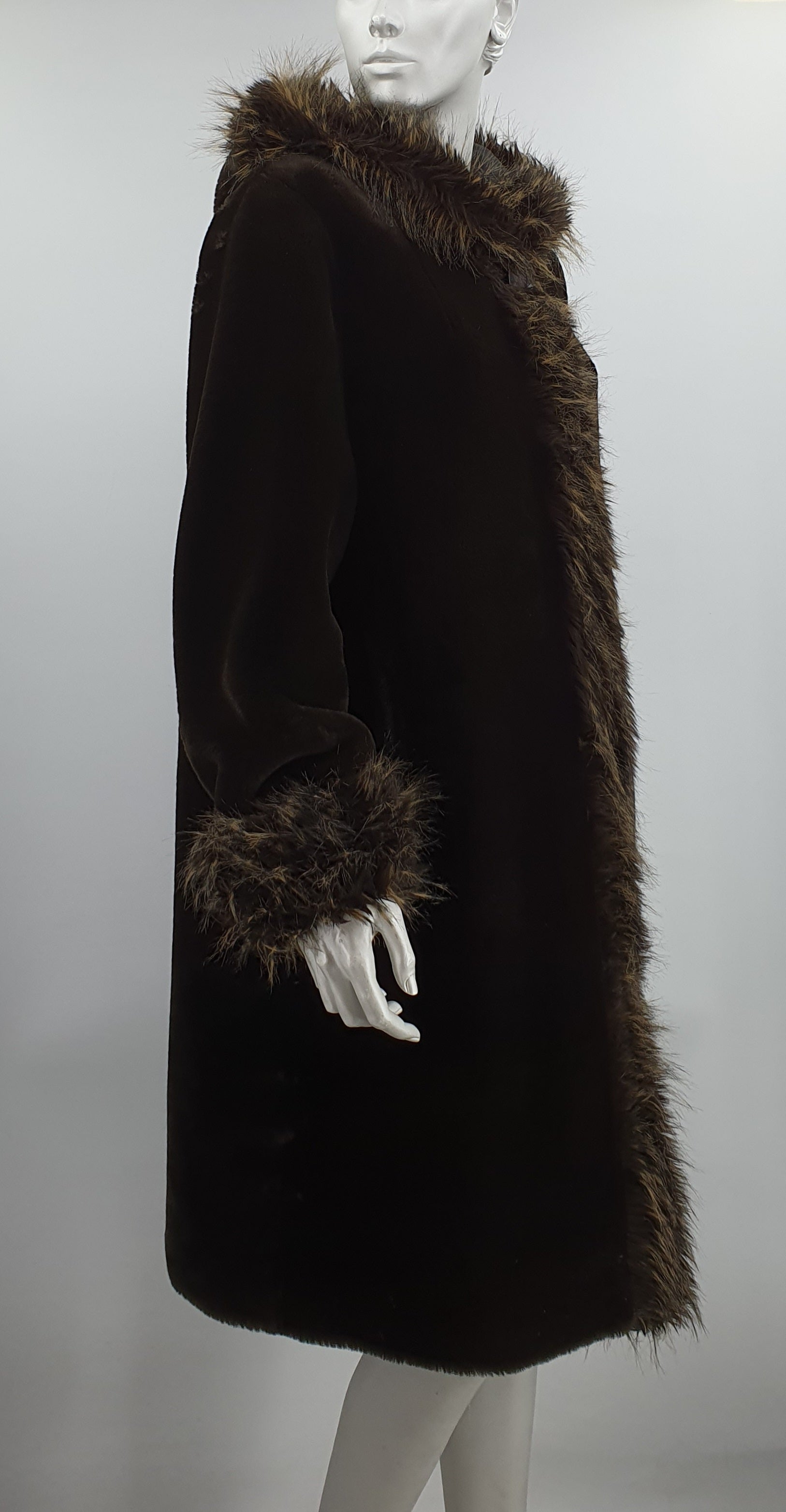 Alexandra, dark brown faux fur coat from the 90s, size 42-44