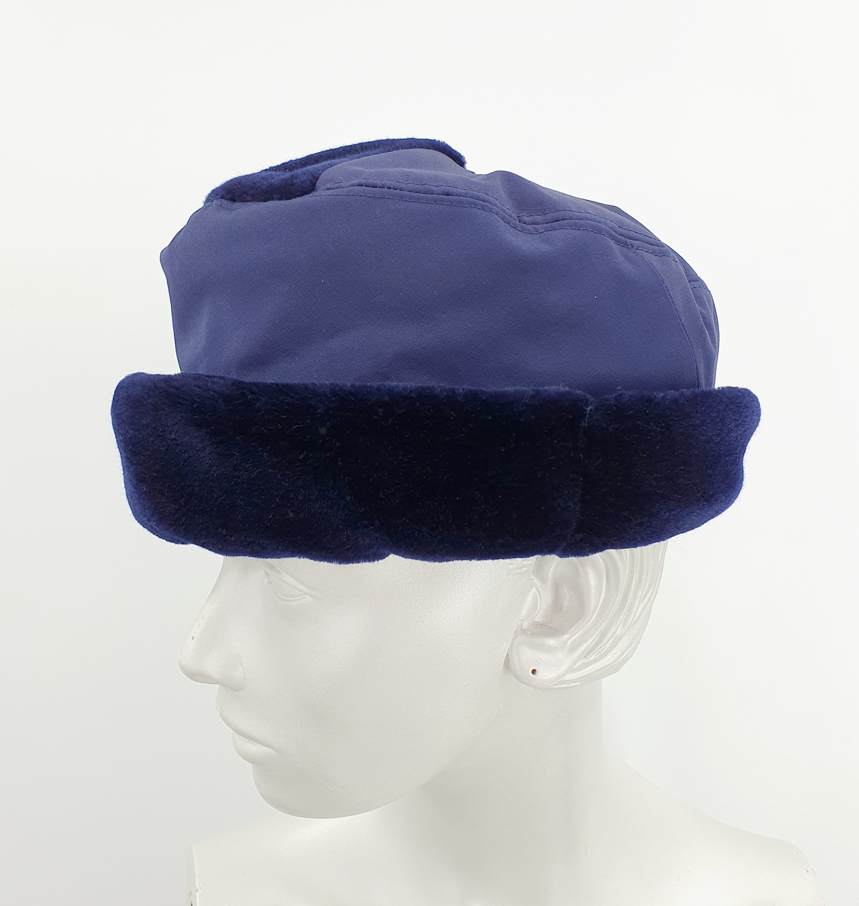 Dark blue padded winter hat from the 80s, size 60cm