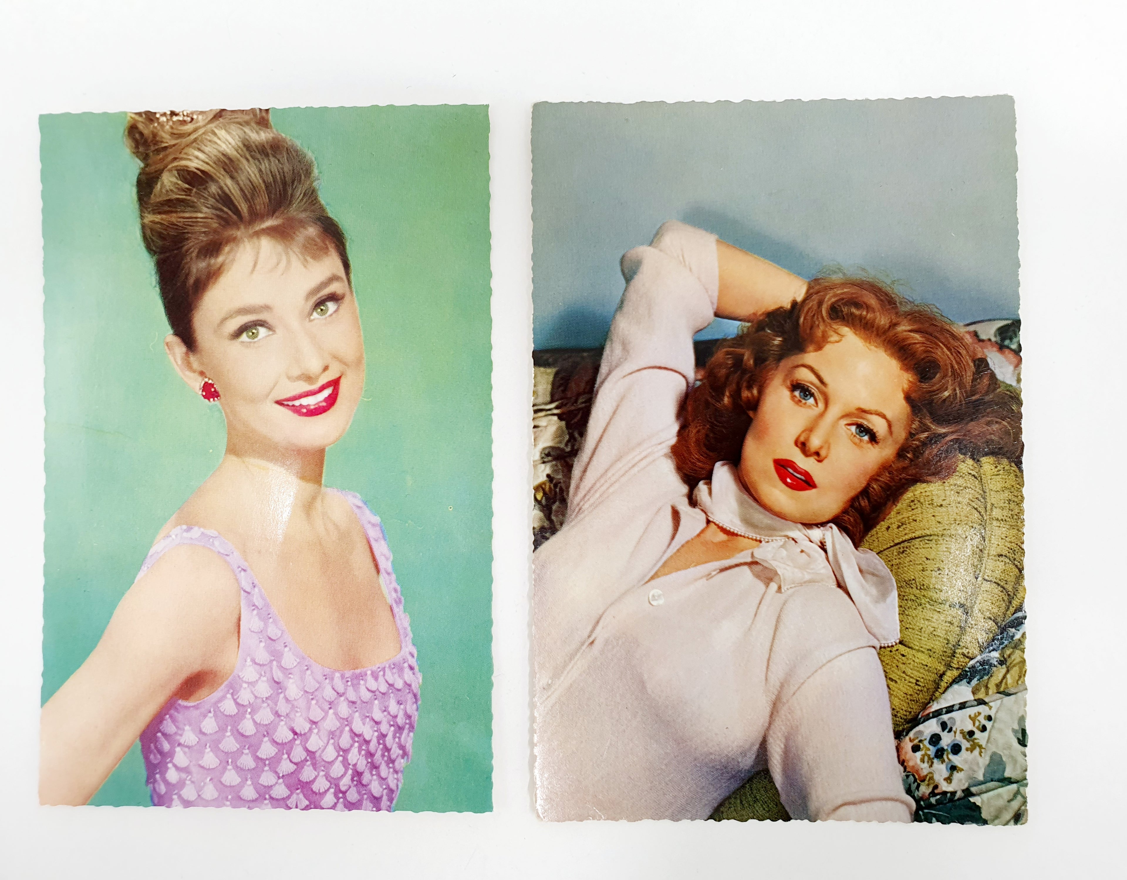 Old movie star postcards, Audrey Hepburn and Rhonda Fleming