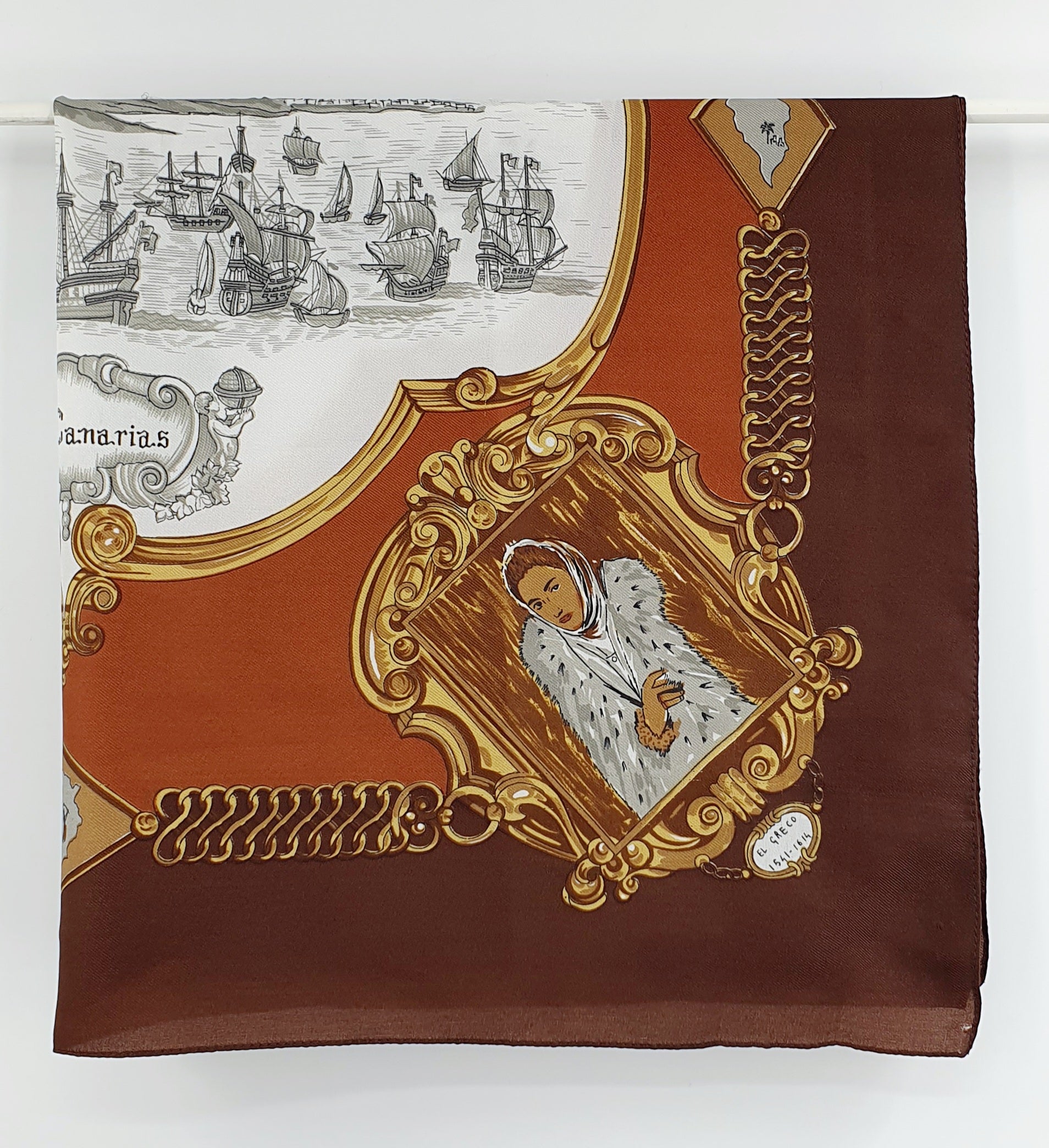 Kanariansaaret-aiheinen huivi 80-90-luvulta, koko 77x77cm