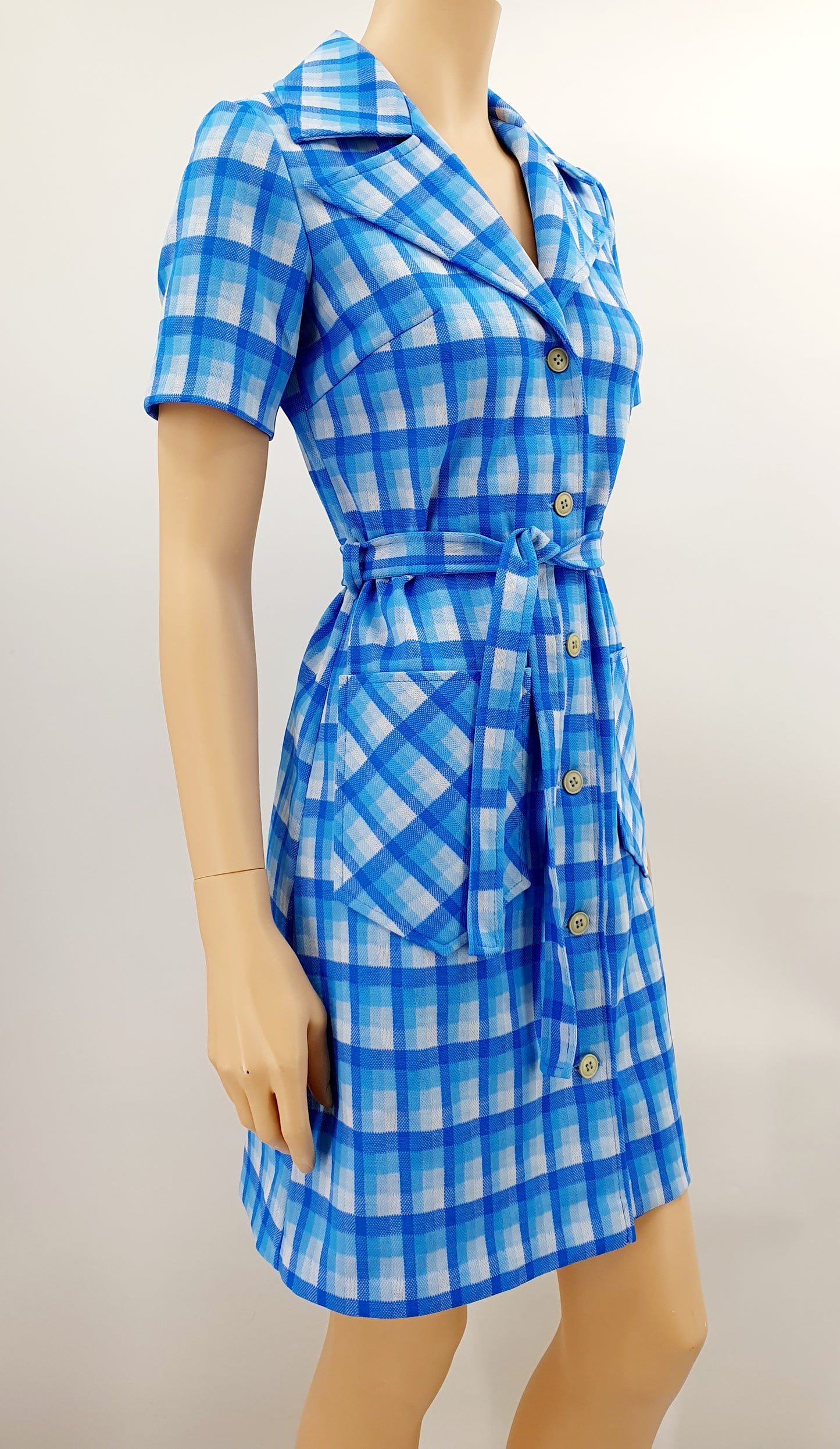 Finnruska, blue checked short dress from the 70s, size 34-36