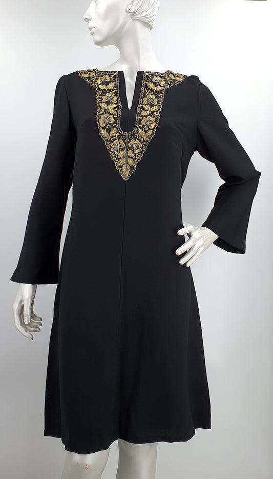 Martinette, black party dress with gold embroidery, 60s-70s, size 36/38