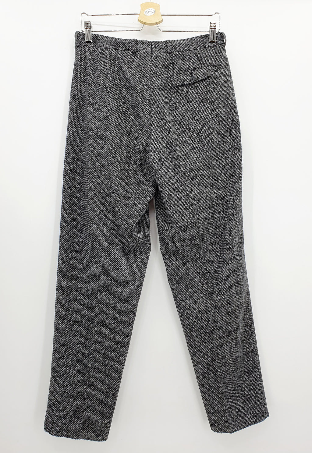 Melka. miesten suorat villasekoitehousut 80-luvulta, väri mustanharmaa, kuva takaa