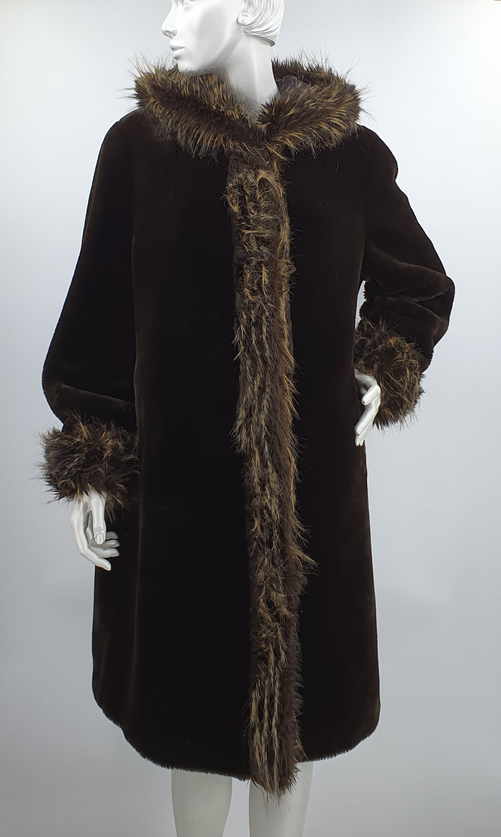 Alexandra, dark brown faux fur coat from the 90s, size 42-44