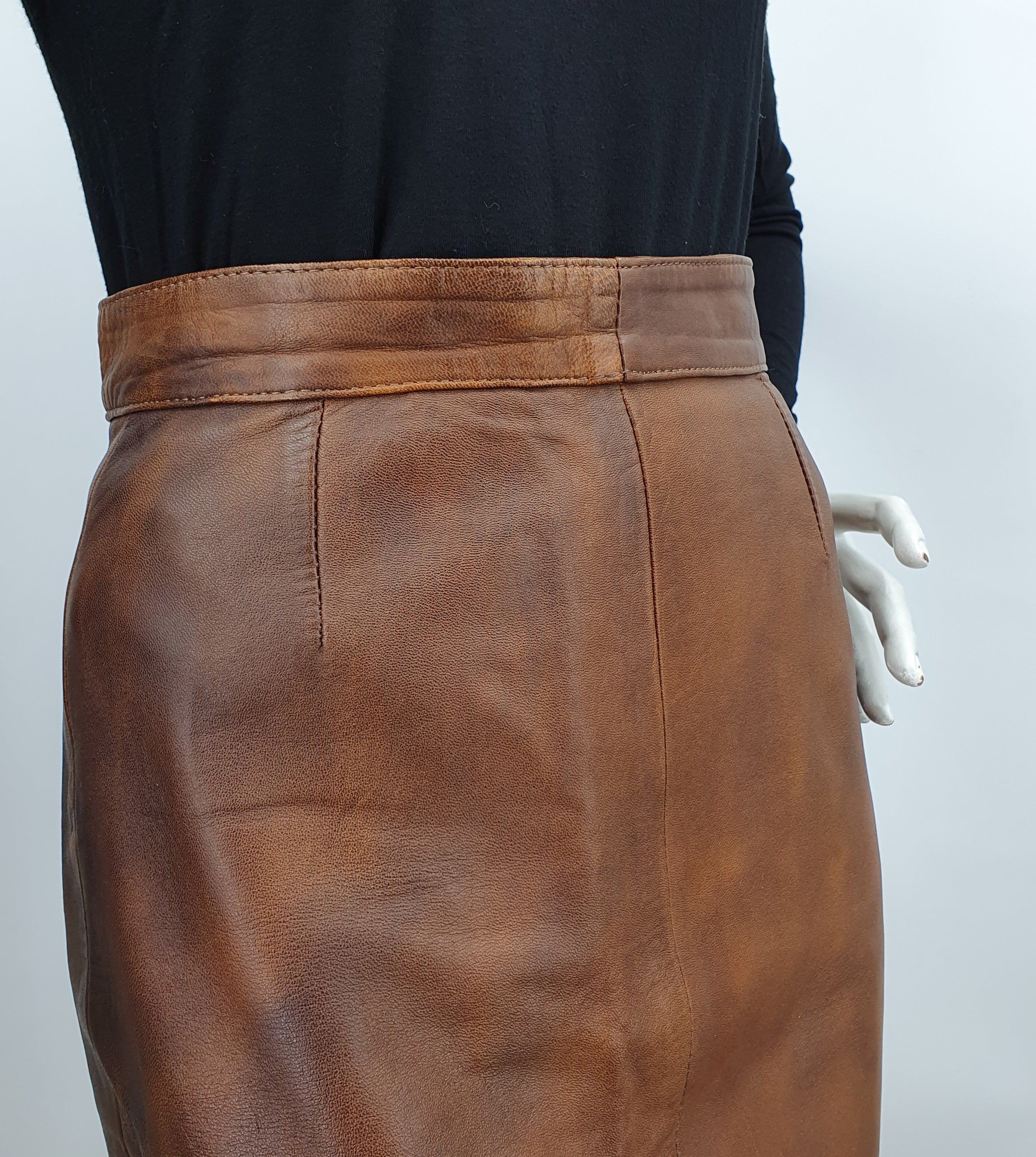 Cognac brown narrow leather skirt, size 34