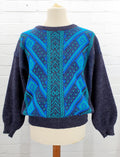 Dark grey men's knit sweater with a teal pattern, from the 80s | Made in Italy | Size L
