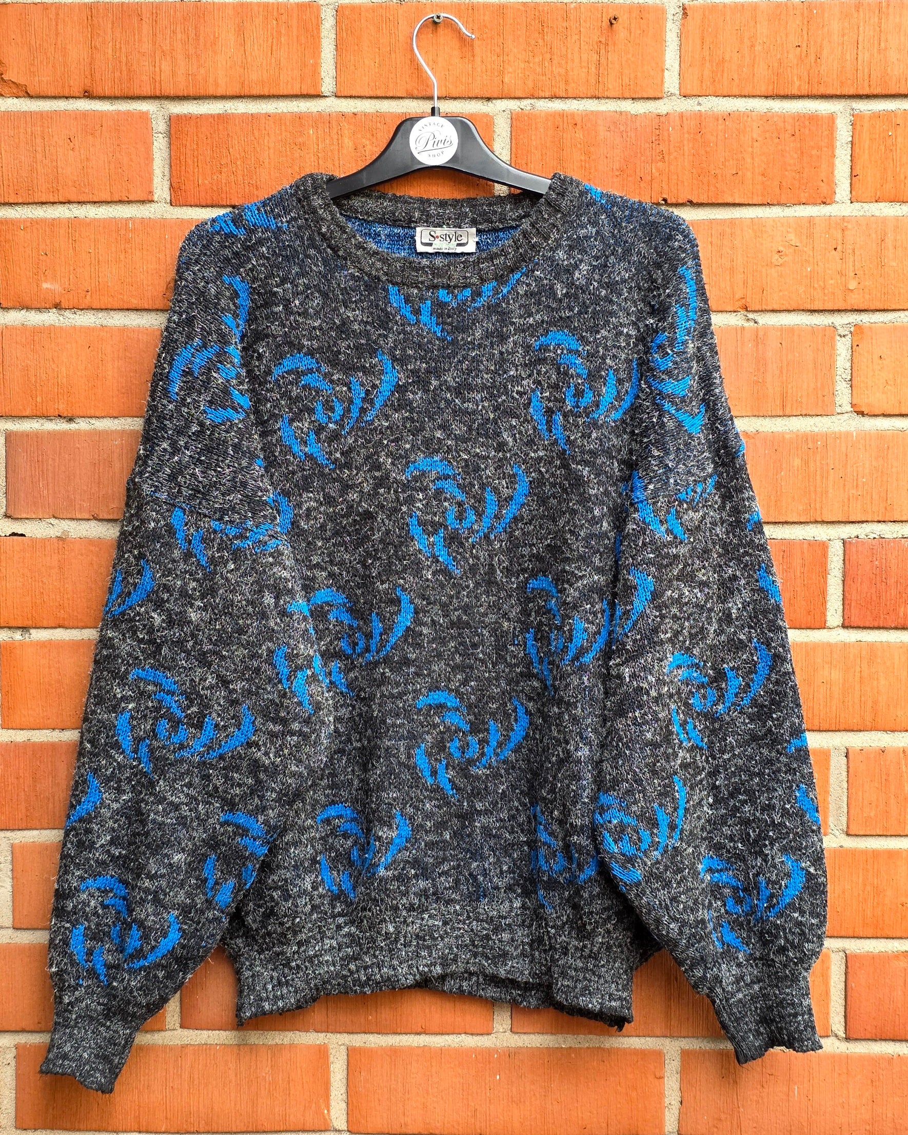 S-Style, blue and black unisex sweater from the 80s, size 42-44-(46)