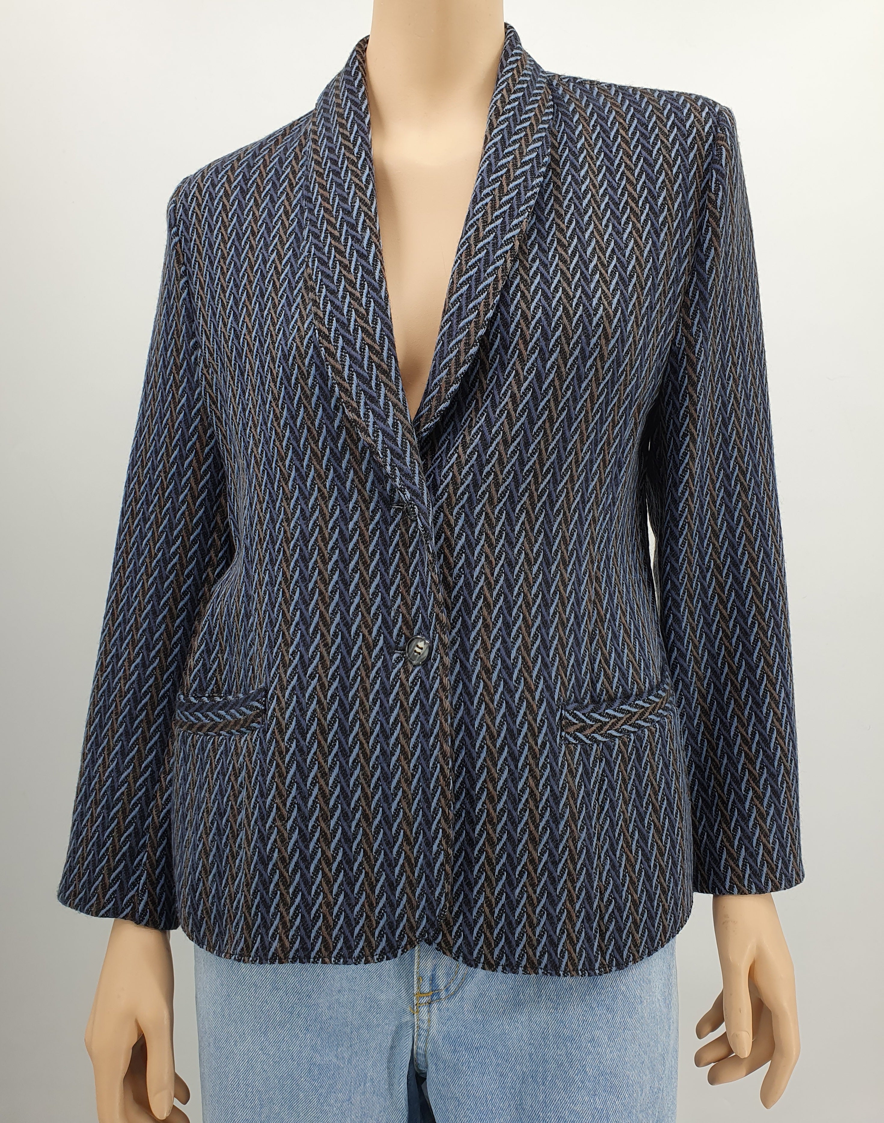 Kalanruotokuvioinen villasekoite bleiseri 1980-90-luvulta, väri ruskea-sininen