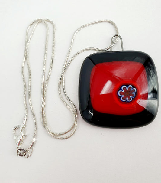 Necklace, red and black glass pendant, silver chain