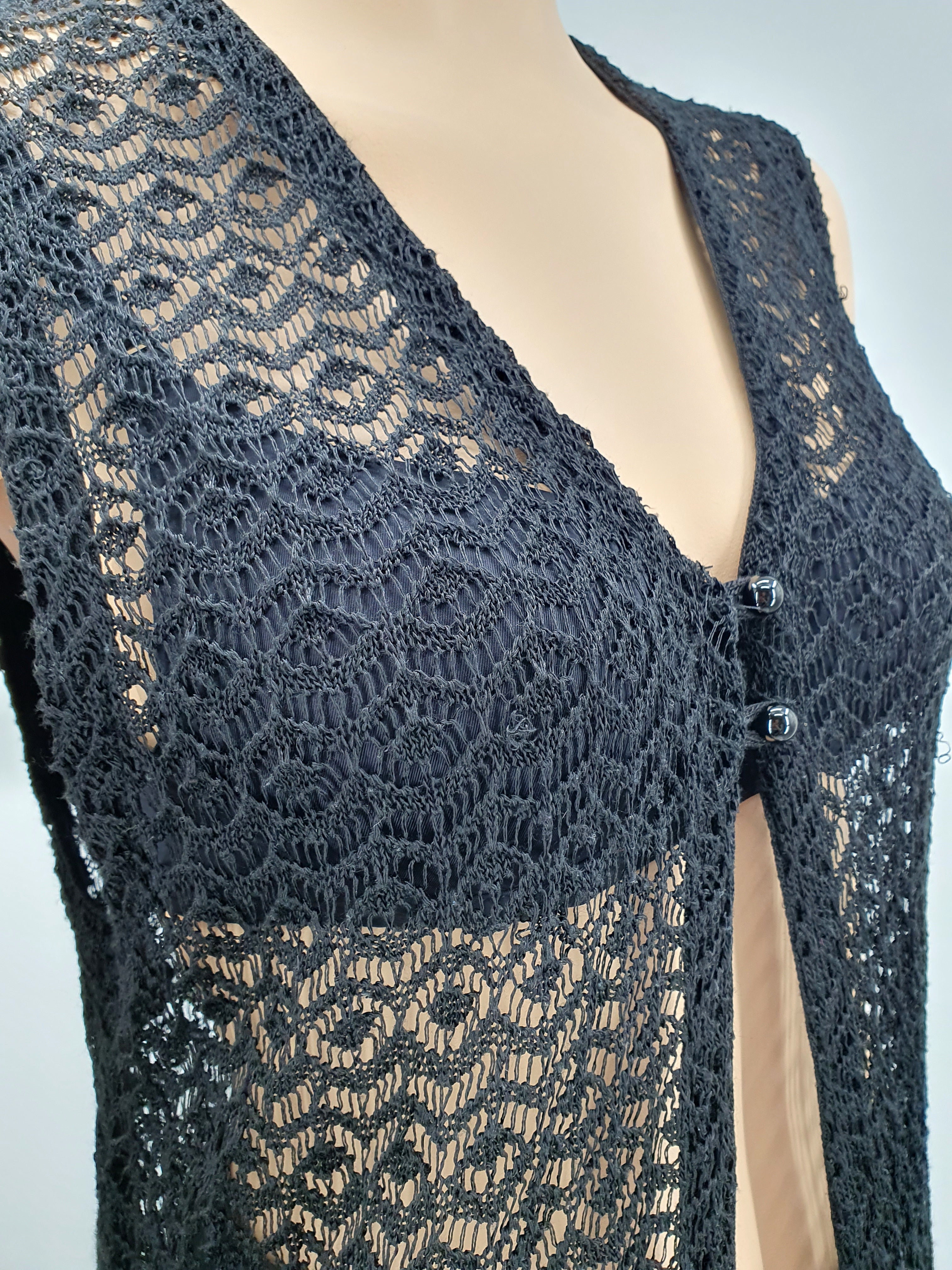 Carrie, long black lace-patterned knitted vest from the 90s, size 36-38