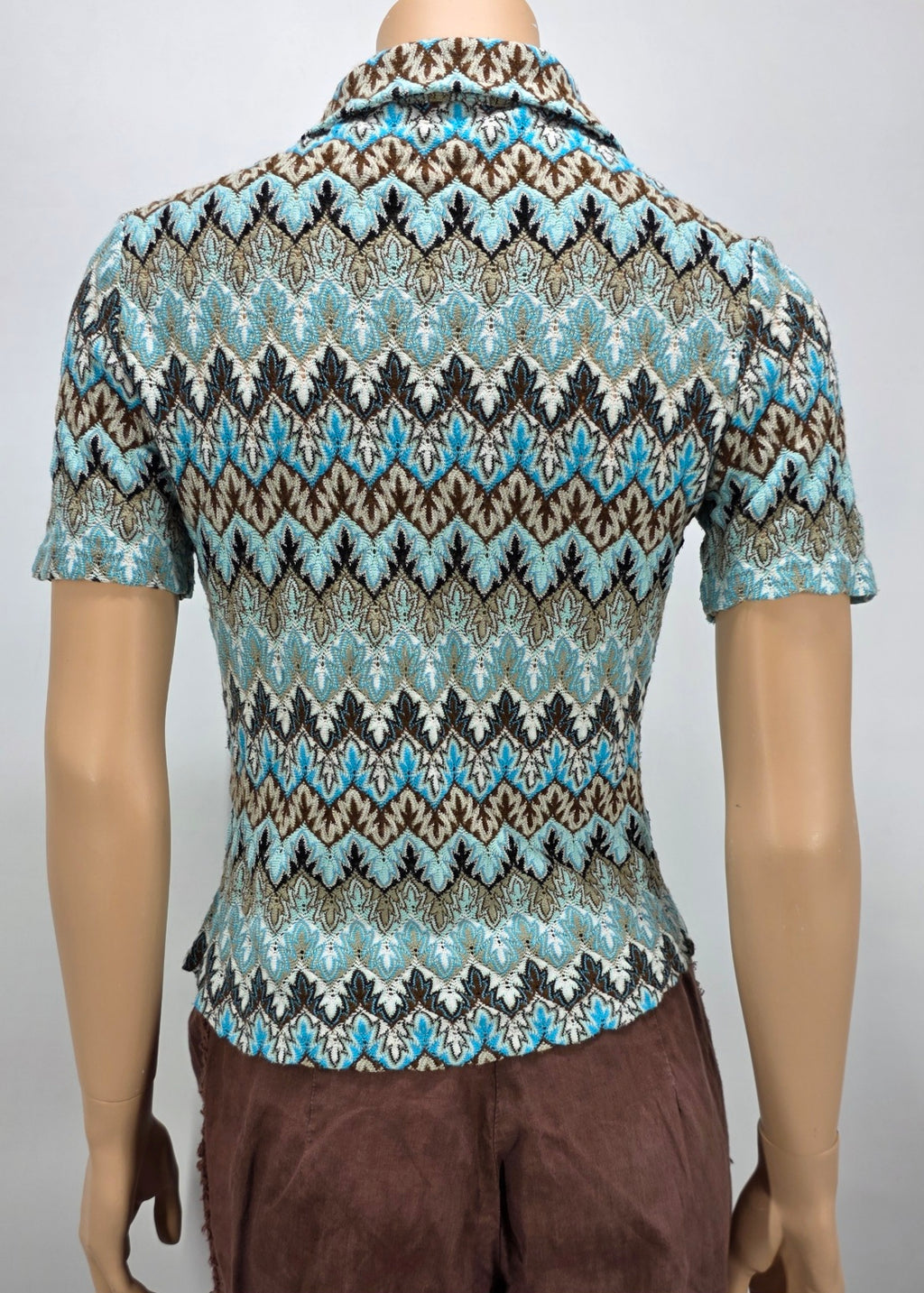 Stretchy blouse in turquoise and brown, 80s-90s, size 34-36