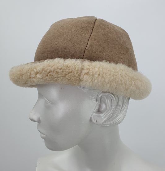 Fredrikson, winter hat from the 80s, light leather and sheep wool, 57cm