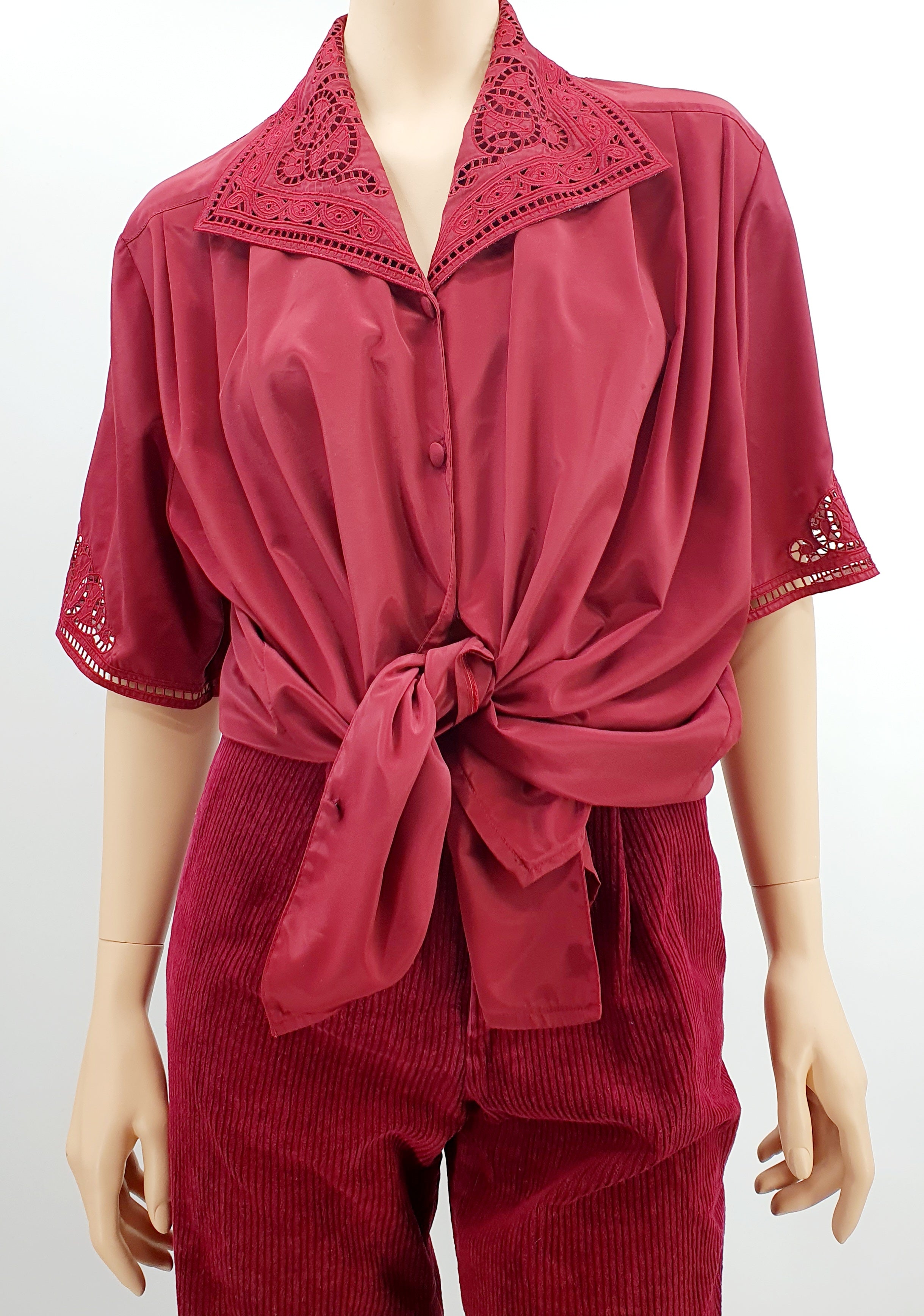 Abak, dark red embroidered women's shirt from the 90s, size 46/48